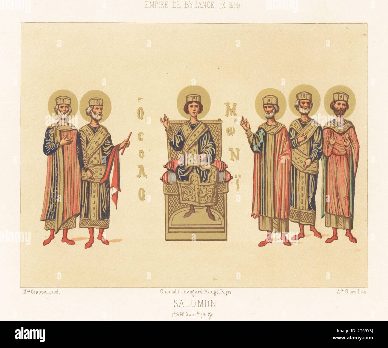 King Solomon on his throne with advisors in Byzantine costume, 11th century. The young prince and bearded old sages with gold bands on their shoulders. From a manuscript Gospels, MS 74 G, Bibliotheque Imperiale. Salomon, Empire de Byzance, XIe siecle. Chromolithograph by Giare after an illustration by Claudius Joseph Ciappori from Charles Louandres Les Arts Somptuaires, The Sumptuary Arts, Hangard-Mauge, Paris, 1858. Stock Photo