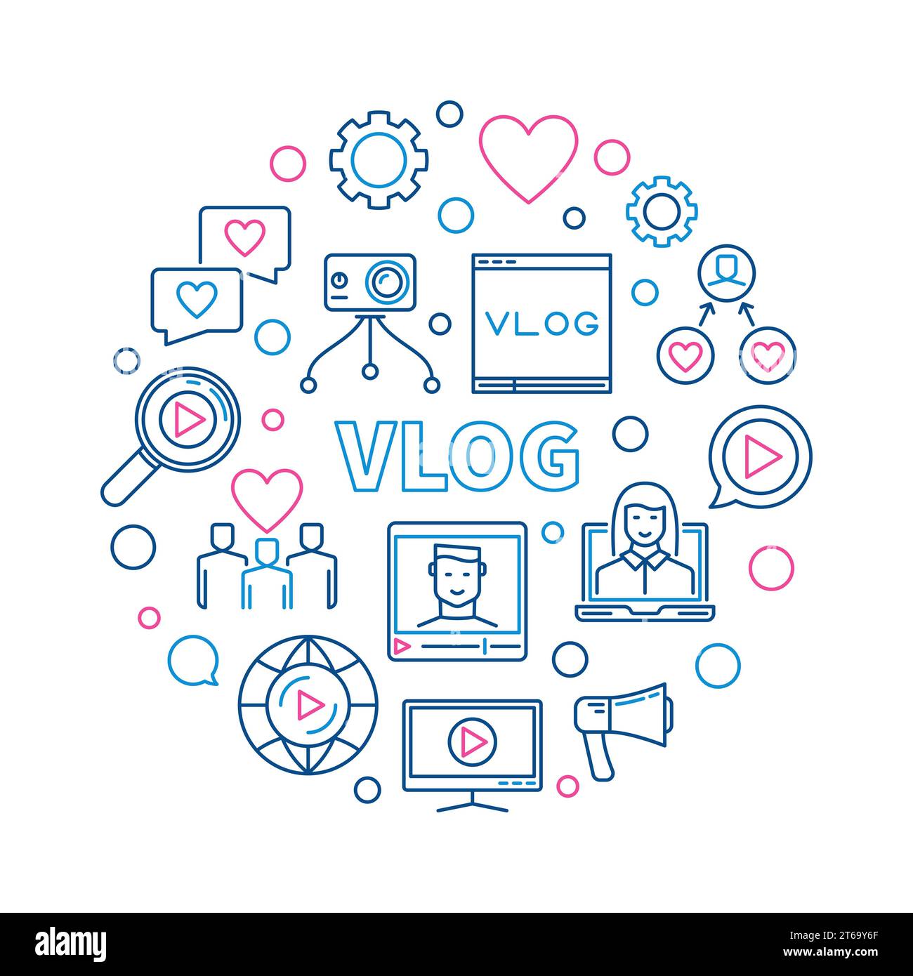 Vlog vector round concept creative thin line illustration on white background Stock Vector