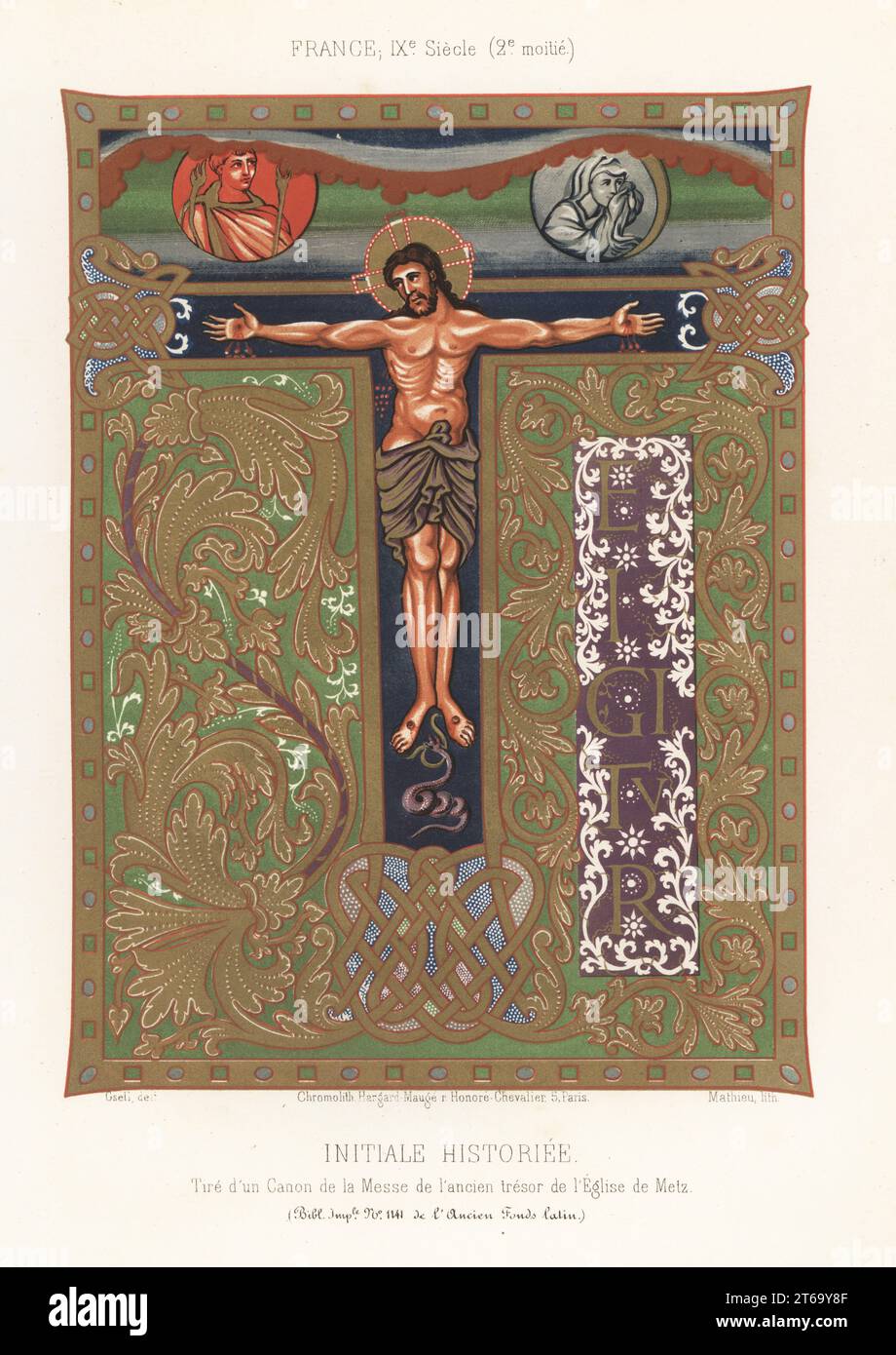 Illuminated letter T representing the Crucifixion of Jesus Christ, 9th century, France. Medallions of the Sun and the Moon above. Gold letters on purple framed with white arabesques. Initiale Historiee. Taken from the Sacramentaire de Charles le Chauve, Latin MS 1141, F6v. Chromolithograph by Mathieu after an illustration by Gsell from Charles Louandres Les Arts Somptuaires, The Sumptuary Arts, Hangard-Mauge, Paris, 1858. Stock Photo