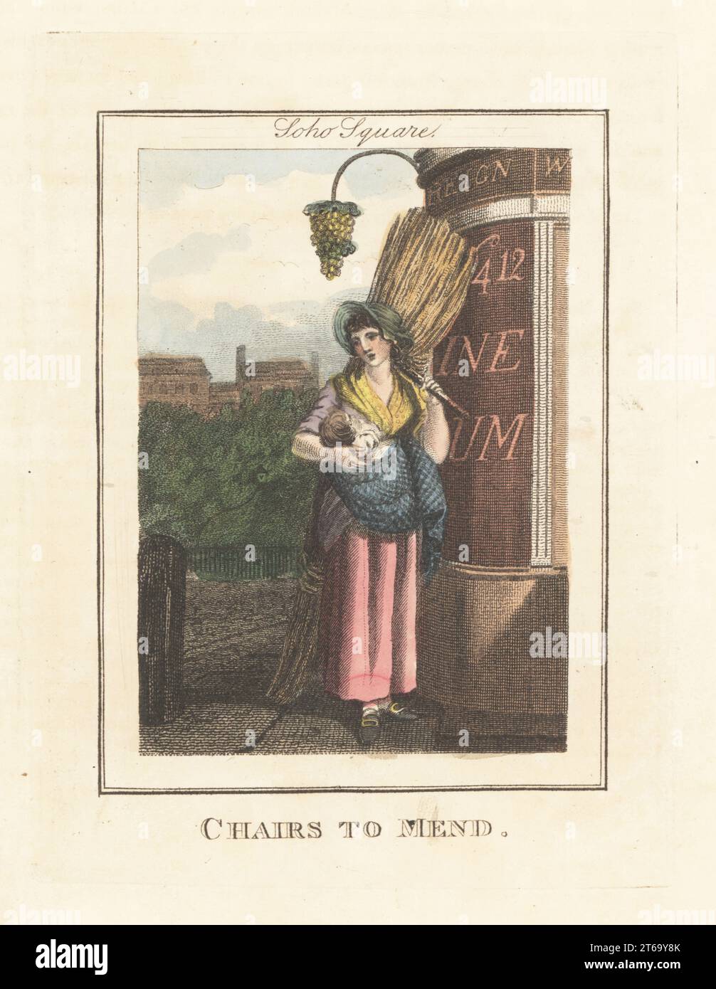 Chair-mender looking for customers in Soho Square, London, 1805. Woman in bonnet nursing a baby with a bundle of rushes on her back. The gardens and cobbled square behind her. Chairs to mend. Handcoloured copperplate engraving by Edward Edwards after an illustration by William Marshall Craig from Description of the Plates Representing the Itinerant Traders of London, Richard Phillips, No. 71 St Pauls Churchyard, London, 1805. Stock Photo