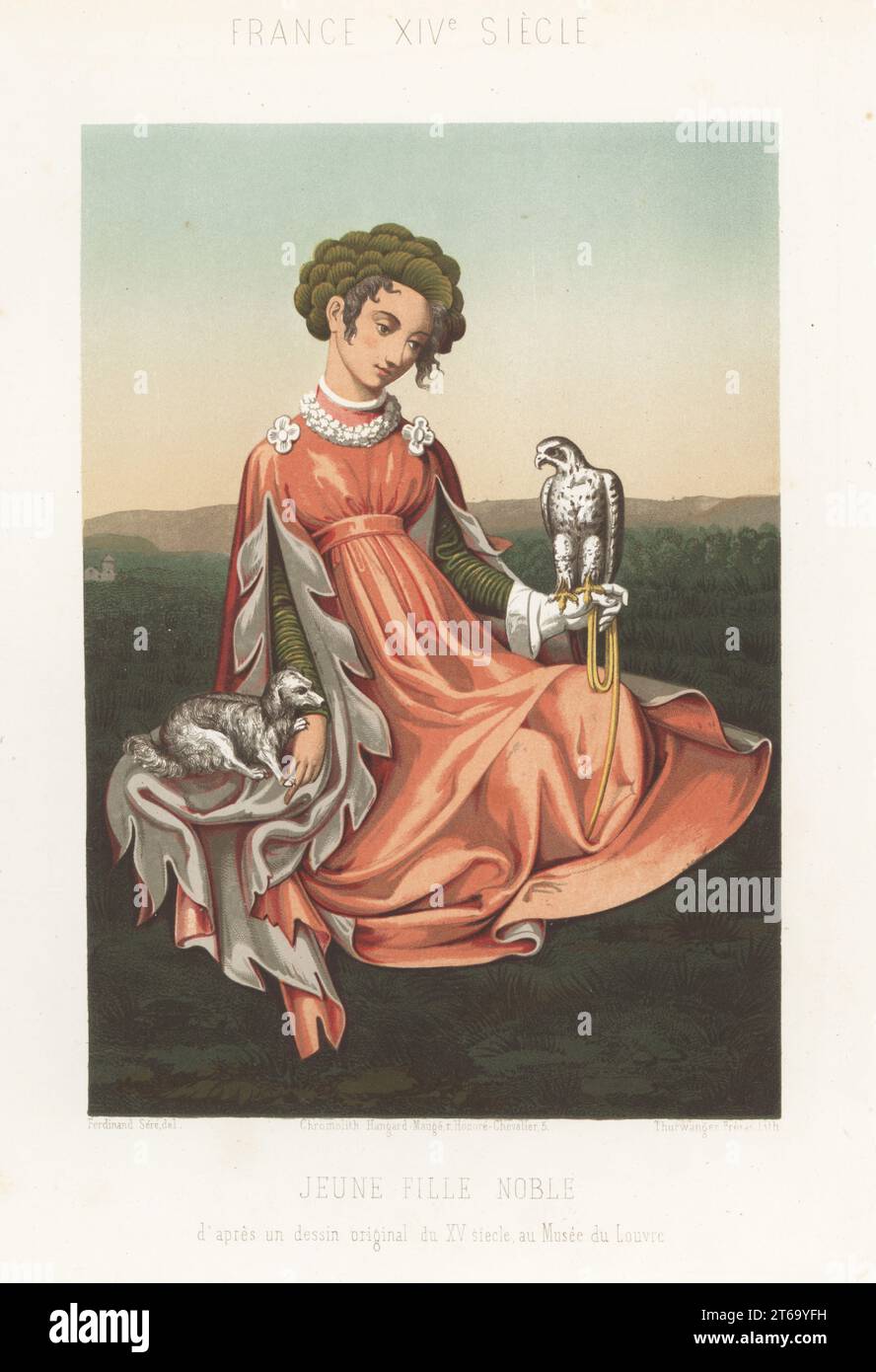 Young noble woman, France, 15th century. With lap dog and falcon. In gown with long slashed sleeves called angel sleeves or manches a l'ange. From an original dessin in the Louvre by an unknown artist. Jeune fille noble, France, XVe siecle. Chromolithograph by the Thurwanger brothers after an illustration by Ferdinand Sere from Charles Louandres Les Arts Somptuaires, The Sumptuary Arts, Hangard-Mauge, Paris, 1858. Stock Photo