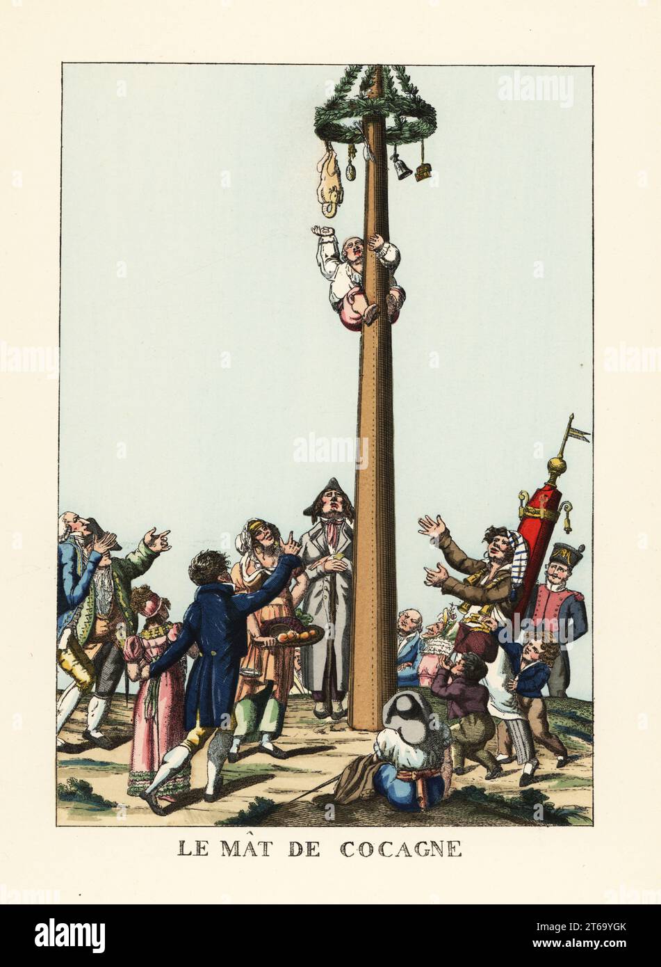 A man climbing a greasy pole for a prize goose, France, early 19th century. A soldier, tisane vendor, orange seller, and others watch. Le Mat de Cocagne. Handcoloured lithograph from Henry Rene dAllemagnes Recreations et Passe-Temps, Games and Pastimes, Hachette, Paris, 1906. Stock Photo