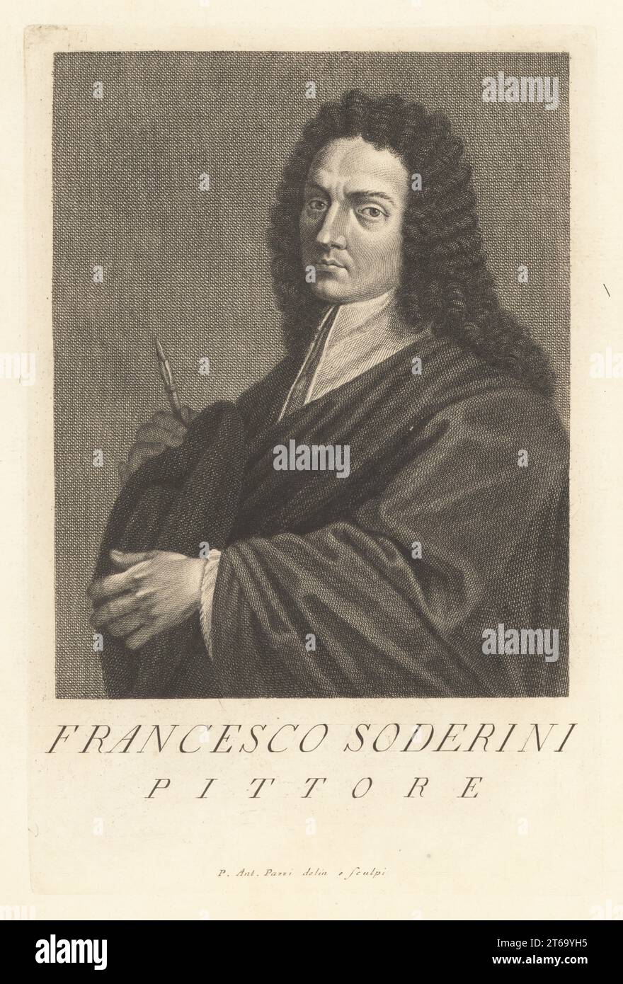 Francesco Soderini, Florentine painter, 1671-1736. Worked for the last members of the Medici dynasty. Pittore. Copperplate engraving drawn and engraved by Pietro Antonio Pazzi after a self portrait by the artist from Francesco Moucke's Museo Florentino (Museum Florentinum), Serie di Ritratti de Pittori (Series of Portraits of Painters) stamperia Mouckiana, Florence, 1752-62. Stock Photo