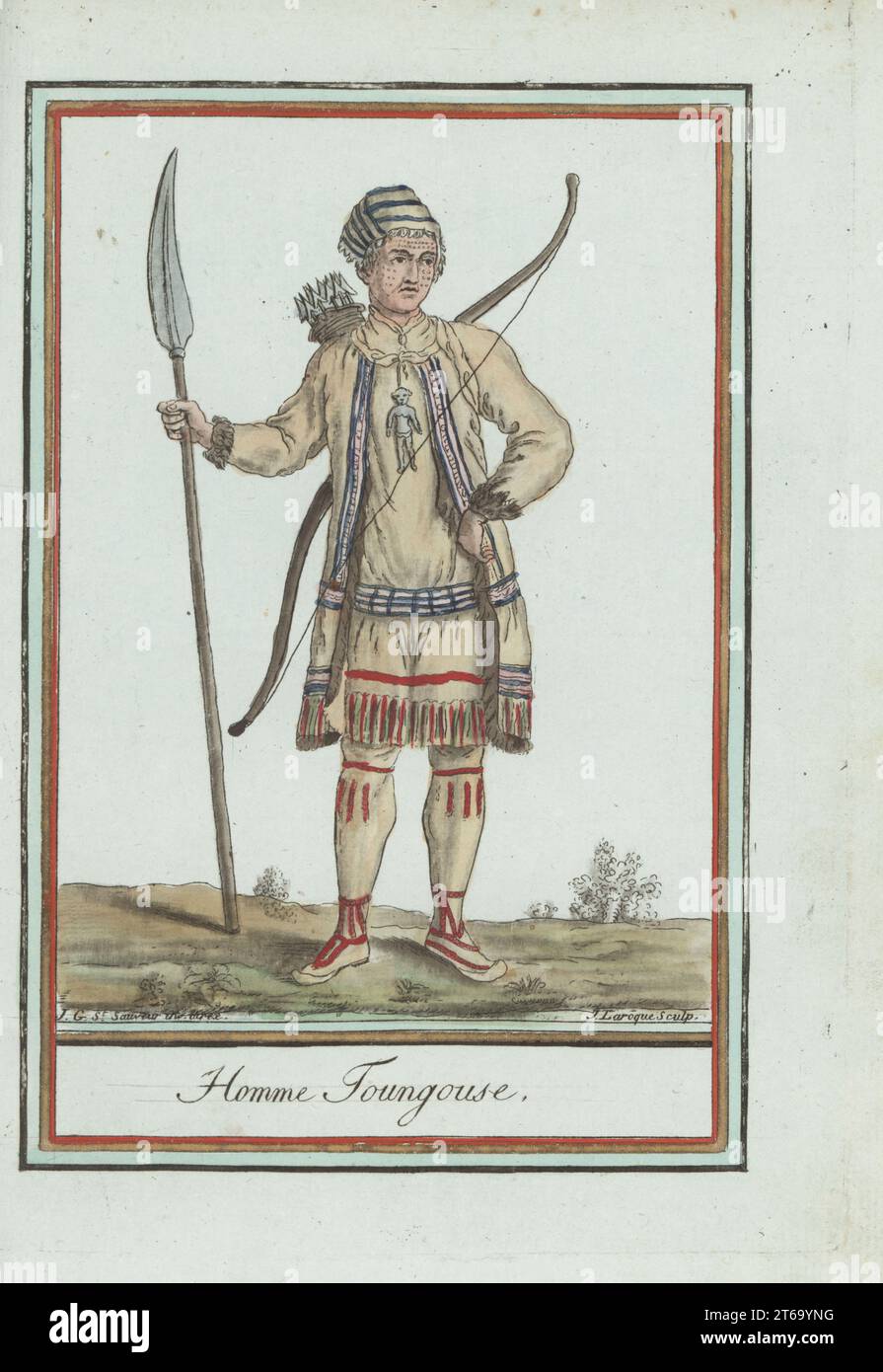 Evenks or Tungusic man of Siberia. Hunter in hat, facial tattoo, coat, breeches and apron of deer skin, decorated with beads and fringes. Armed with spear, bow, quiver and arrows. Homme Tounguses. Handcoloured copperplate engraving by J. Laroque after a design by Jacques Grasset de Saint-Sauveur from his Encyclopedie des voyages, Encyclopedia of Voyages, Bordeaux, France, 1792. Stock Photo