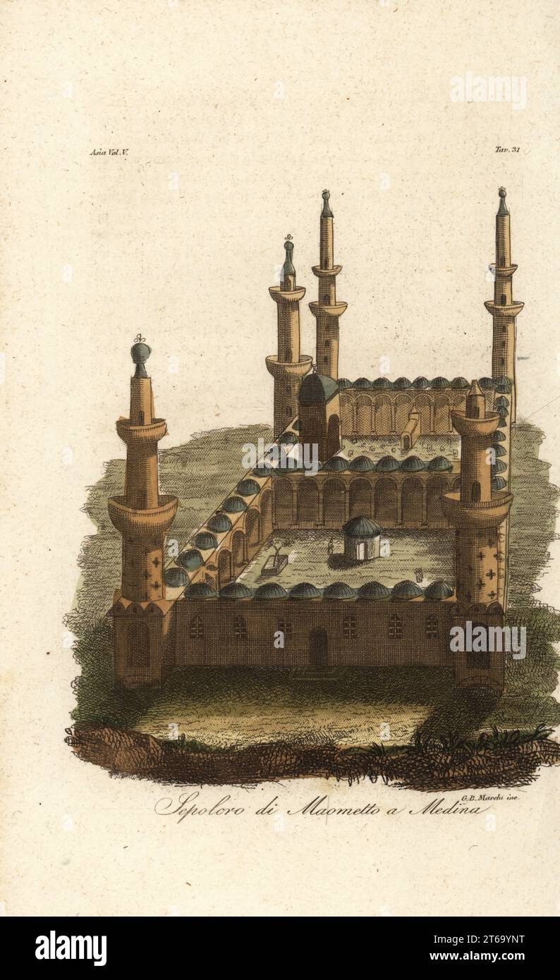 The Green Dome, or al-Qubah al-Khadra, in the Mosque of the Prophet, Al-Masjid al-Nabawi in Medina, Saudi Arabia. The tomb of Mahomet at Medina. Sepoloro di Maometto a Medina. Handcoloured copperplate engraving by G. B. Marchi from Giulio Ferrarios Costumes Ancient and Modern of the Peoples of the World, Il Costume Antico e Moderno, Florence, 1847. Stock Photo