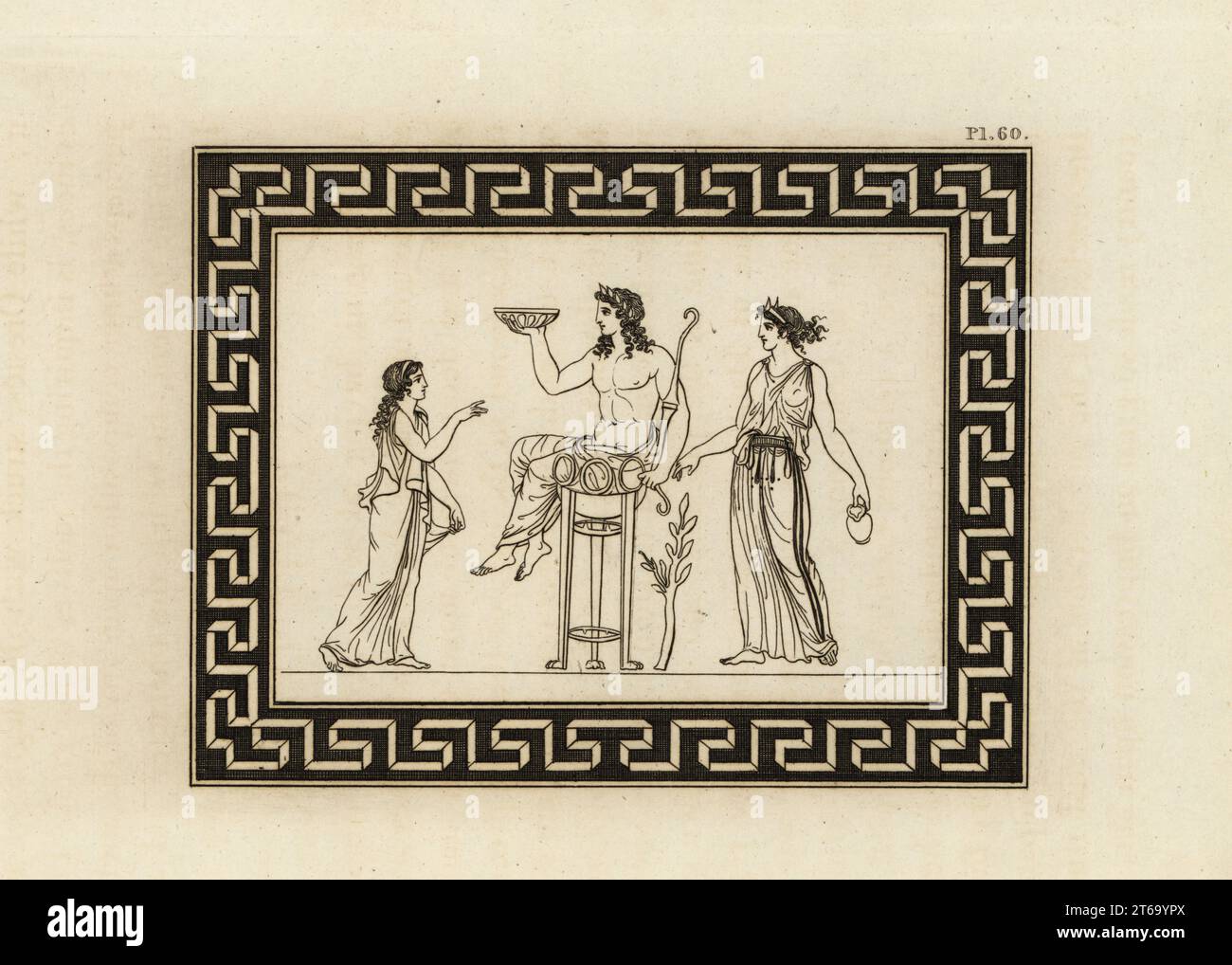Manto, daughter of the prophet Tiresias, before the god Apollo on a tripod, A priestess at right pronounces the oracle. Copperplate engraving by Thomas Kirk (1765-1797) from Sir William Hamiltons Outlines from the Figures and Compositions upon the Greek, Roman and Etruscan Vases of the Late Sir Hamilton, T. MLean, London, 1834. Stock Photo