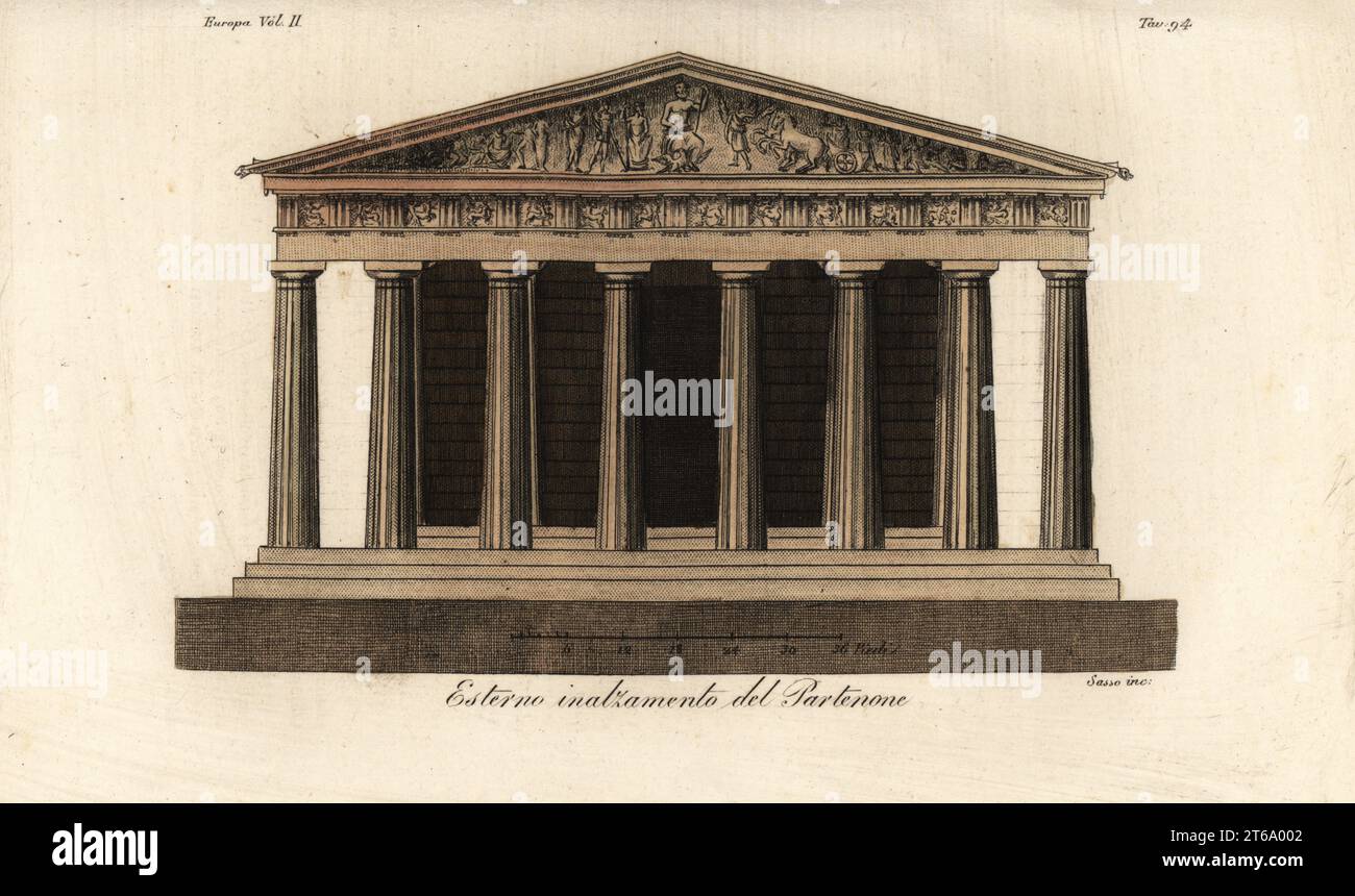 Extenal elevation of the Parthenon. Esterno inalzamento del Partenon. Handcoloured copperplate engraving by Giovanni Antonio Sasso from Giulio Ferrarios Costumes Ancient and Modern of the Peoples of the World, Il Costume Antico e Moderno, Florence, 1826. Stock Photo