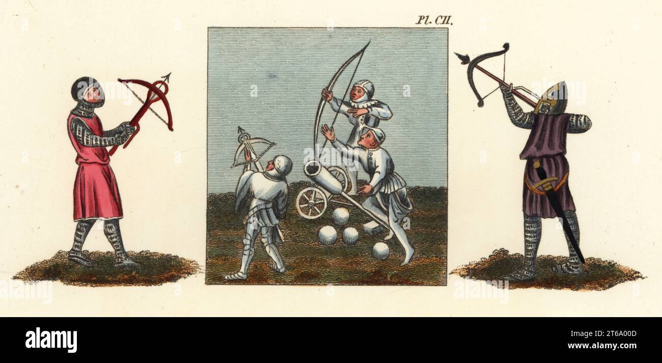 Costumes of bowmen and artillery, 14th century. Crossbowman, longbowman and artillery man from Grandes chroniques de France, Sloane MS 2433, vol. 2, f. 113. Crossbowmen in helmet, chainmail armour and tunic from Grandes chroniques de France, Royal MS 16 G VI (left) and Histoire ancienne jusqu'a Cesar, Royal MS 20 D i (right). Military habits of the 14th century. Handcoloured engraving by Joseph Strutt from his Complete View of the Dress and Habits of the People of England, Henry Bohn, London, 1842. Stock Photo