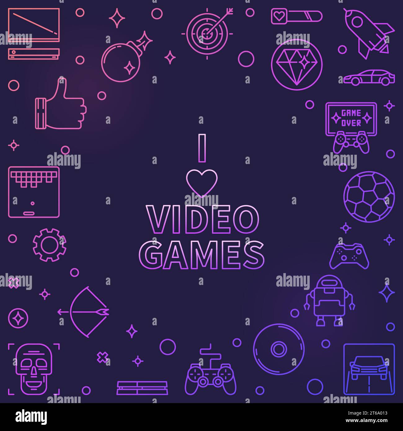 I Love Video Games colorful frame. Vector game concept outline illustration on dark background Stock Vector