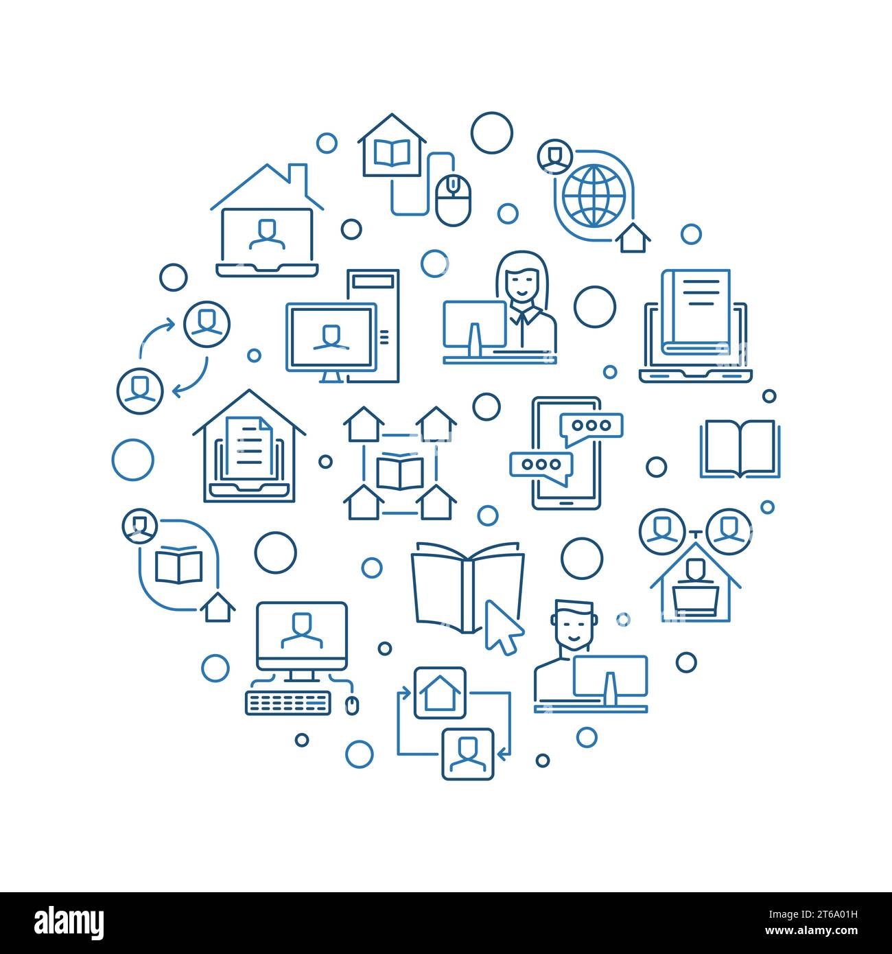 Online Education or E-learning vector concept round illustration in ...