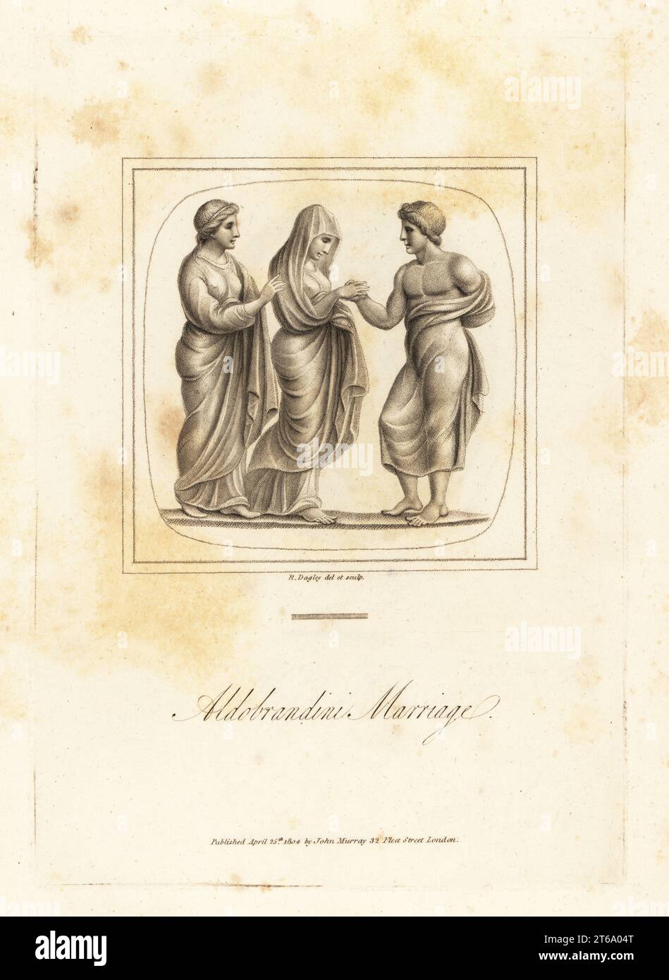 Roman wedding ceremony with bride in veil and groom. The probuba or maid of honour supports the bride. Aldobrandini Marriage or Nozze Aldobrandina. Roman nuptials. In the Lord Algernon Percy collection. Copperplate engraving drawn and engraved by Richard Dagley from Gems, Selected from the Antique, with Illustrations, John Murray, London, 1804. Stock Photo