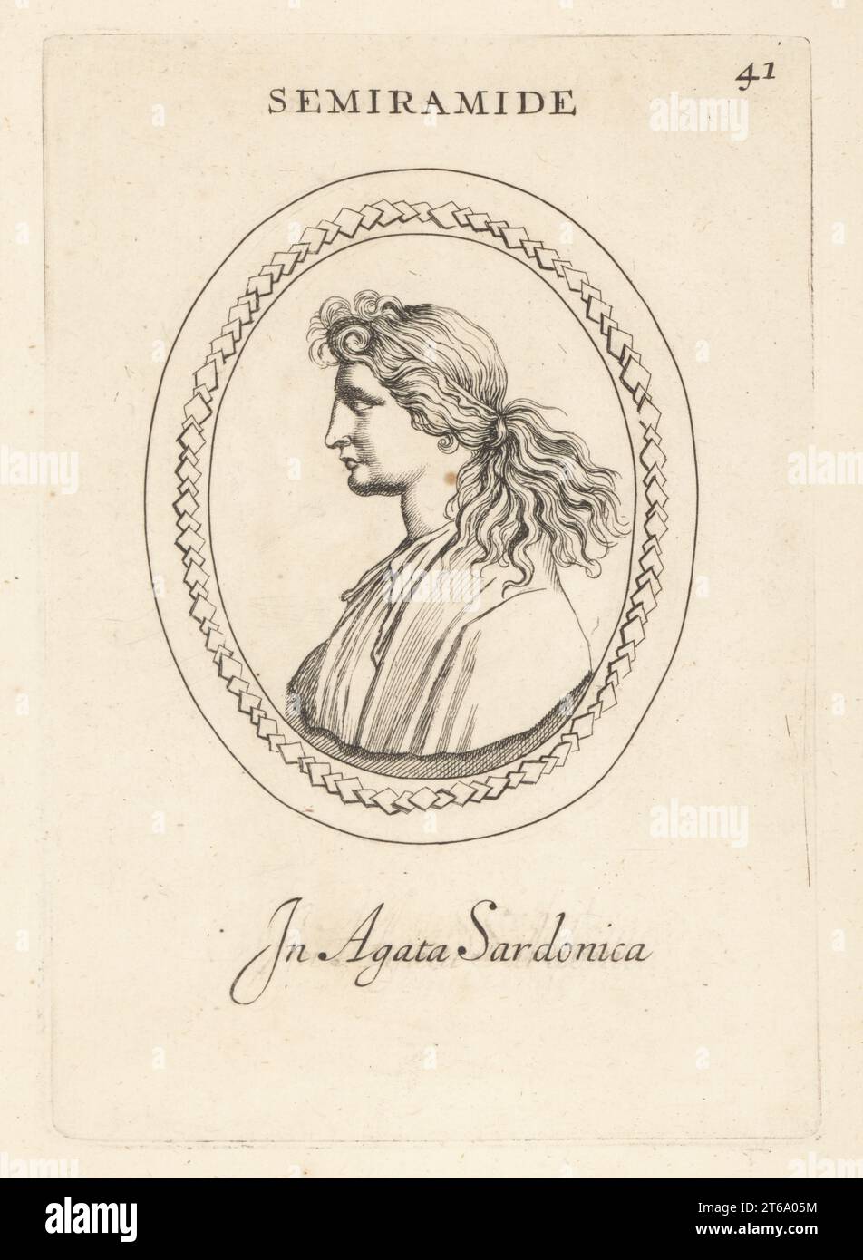 Bust profile of Semiramis, the semi-legendary Lydian-Babylonian wife of general Onnes and Ninus, founder of Nineveh, later warrior queen of Assyria. Shammuramat. With wild uncombed hair and a manly face. In Sardinian agate. Semiramide in agata Sardonica. Copperplate engraving by Giovanni Battista Galestruzzi after Leonardo Agostini from Gemmae et Sculpturae Antiquae Depicti ab Leonardo Augustino Senesi, Abraham Blooteling, Amsterdam, 1685. Stock Photo