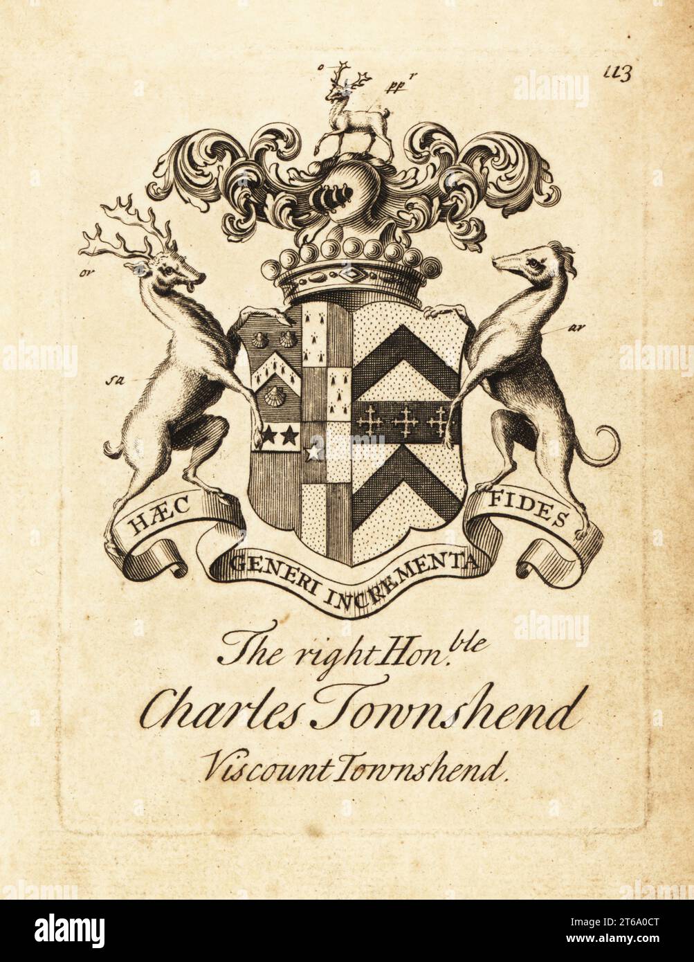 Coat of arms of the Right Honourable Charles Townshend, 2nd Viscount Townshend, 1674-1738. Copperplate engraving by Andrew Johnston after C. Gardiner from Notitia Anglicana, Shewing the Achievements of all the English Nobility, Andrew Johnson, the Strand, London, 1724. Stock Photo