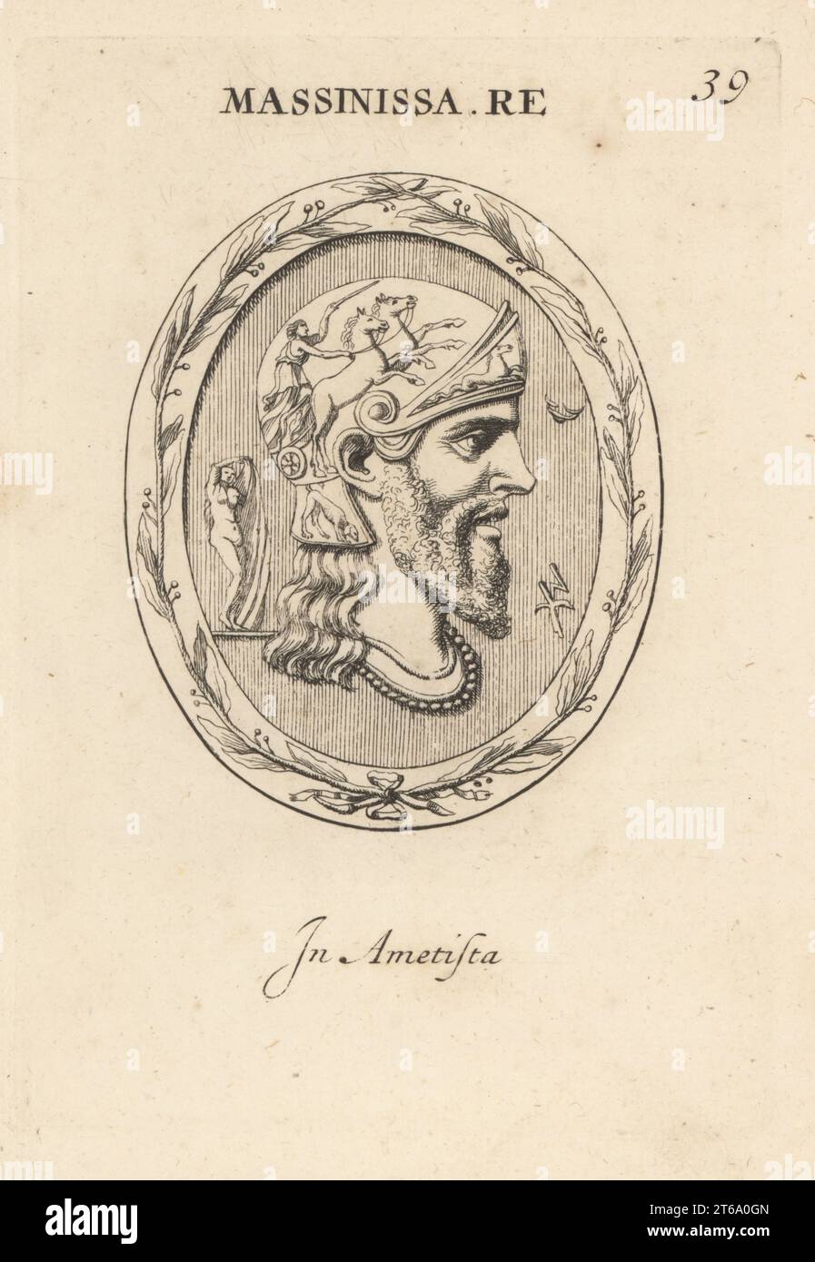 Bust of King Masinissa, c. 238 BC 148 BC, ancient Numidian leader of Massylii Berber tribes during the Second Punic War. In helmet with biga war chariot. In amethyst. Massinissa Re. In Ametista. Copperplate engraving by Giovanni Battista Galestruzzi after Leonardo Agostini from Gemmae et Sculpturae Antiquae Depicti ab Leonardo Augustino Senesi, Abraham Blooteling, Amsterdam, 1685. Stock Photo