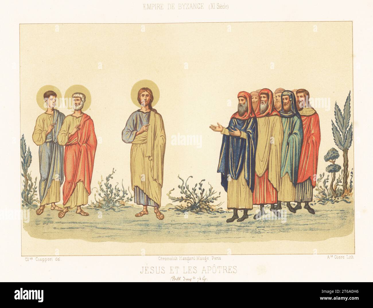 Jesus Christ and the apostles in Byzantine costume, 11th century. All with their right hand in their robes, a Byzantine pose. From a manuscript Gospels, MS 74 G, Bibliotheque Imperiale. Jesus et les apotres, Empire de Byzance, XIe siecle. Chromolithograph by Giare after an illustration by Claudius Joseph Ciappori from Charles Louandres Les Arts Somptuaires, The Sumptuary Arts, Hangard-Mauge, Paris, 1858. Stock Photo