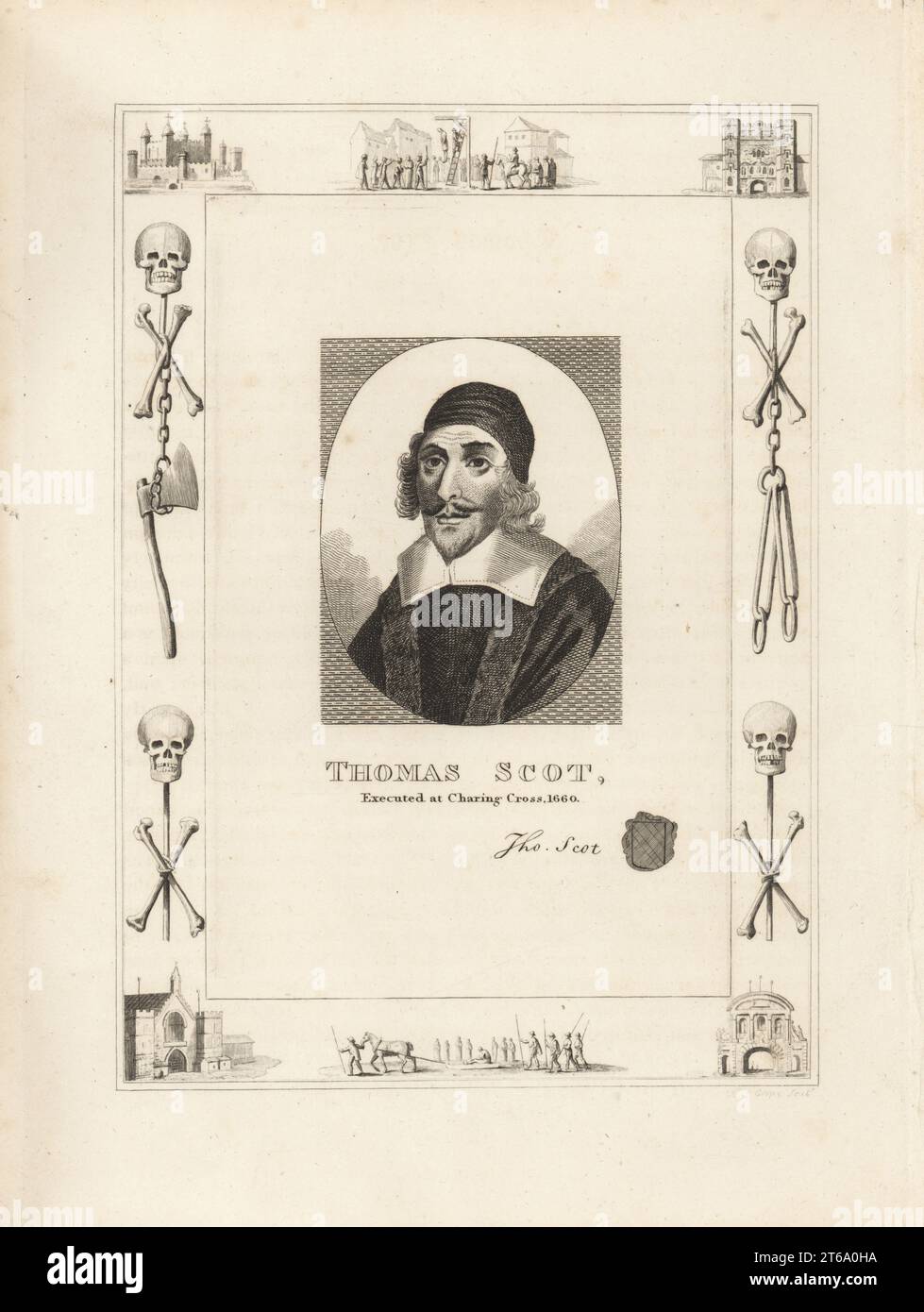 Thomas Scot, executed at Charing Cross in 1660. English politician and regicide, tried and hanged, drawn and quartered. With his autograph and seal. Within a frame decorated with vignettes of skull and cross bones, chains and executioners axe, a man hanging from a gibbet at Tyburn, a condemned man on a sled, the Tower of London, Newgate Prison. Copperplate engraving by Robert Cooper from James Caulfields The High Court of Justice, London, 1820. Stock Photo