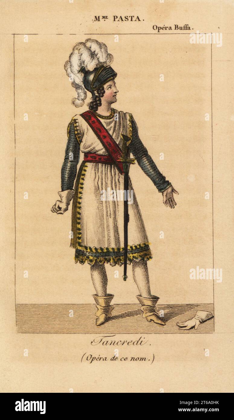 Italian soprano singer Giuditta Pasta in the lead role of Tancredi in the opera of the same name by Gioachino Rossini performed at the Opera Buffa, Paris, 1823. Handcoloured copperplate engraving from Charles Malo's Almanach des Spectacles par K.Y.Z, Chez Janet, Paris, 1823. Stock Photo