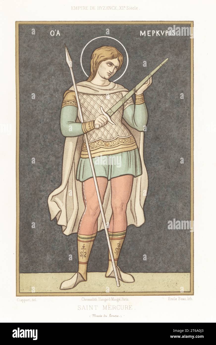 Saint Mercurius, Greek soldier and Christian martyr, 224-250. In Byzantine military costume of the 11th century. From a painting by Dominique Papety made in the Agia Lavra Monastery, Mt. Athos, now in the Louvre. Saint Mercure, Empire de Byzance, XIe siecle. Chromolithograph by Emile Beau after an illustration by Claudius Joseph Ciappori from Charles Louandres Les Arts Somptuaires, The Sumptuary Arts, Hangard-Mauge, Paris, 1858. Stock Photo