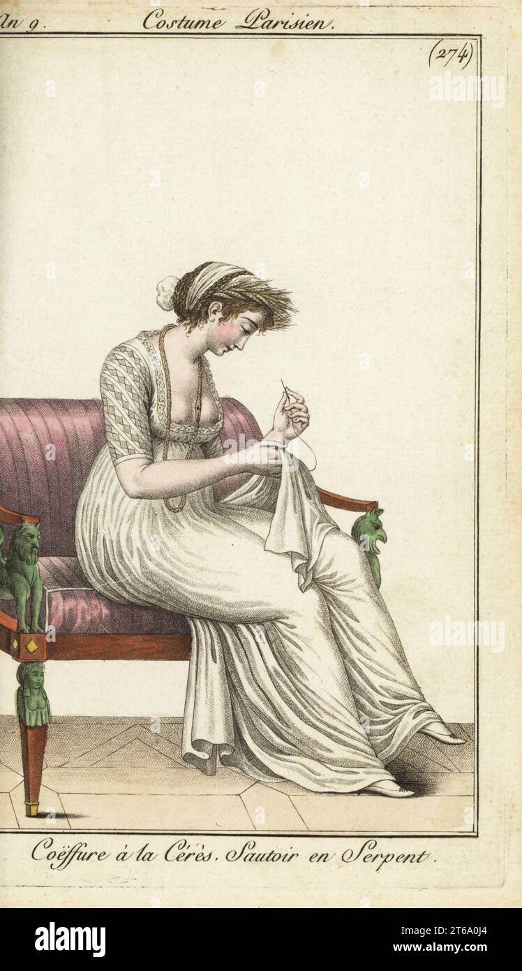 Fashionable woman or Merveilleuse embroidering, 1800. She wears the Ceres hairstyle decorated with corn, a longs necklace over a low-cut decollete dress. Coeffure a la Ceres. Sautoir en Serpent.Handcoloured copperplate engraving from Pierre de la Mesangeres Journal des Modes et Dames, Paris, 1800. The illustrations in volume 4 were by Carle Vernet, Bosio, Dutailly and Philibert Louis Debucourt. Stock Photo