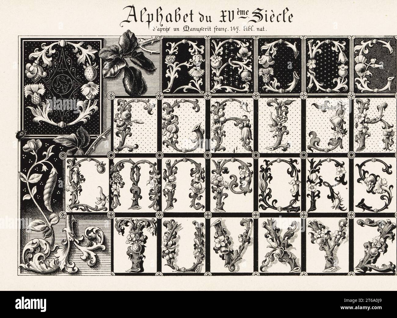Alphabet of illuminated initial letters decorated with flowers and foliage from Royal songs in honor of the Virgin of Puy dAmiens. Chants royaux en l'honneur de la Vierge au Puy d'Amiens, 16th century, Alphabet du XVeme Siecle dapres un manuscrit francais 145, Bibl. Nat. Chromolithograph designed and lithographed by Ernst Guillot from his Ornementation des Manuscrits au Moyen-Age (Ornamentation from Manuscripts of the Middle Ages), Paris, 1897. Stock Photo