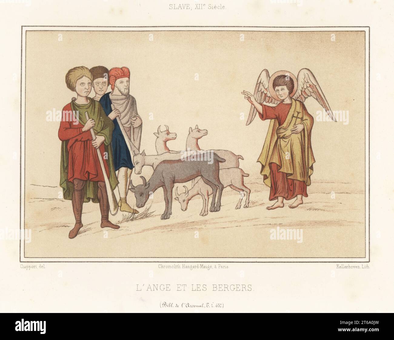 Slav peasant costumes, 12th century. Shepherds in cloaks, tunics and trousers. The angel appearing to the shepherds. L'ange et les bergers, Slave XIIe siecle. From MS T.L. 637, Bibliotheque de l'Arsenal. Chromolithograph by Franz Kellerhoven after Claudius Joseph Ciappori from Charles Louandres Les Arts Somptuaires, The Sumptuary Arts, Hangard-Mauge, Paris, 1858. Stock Photo