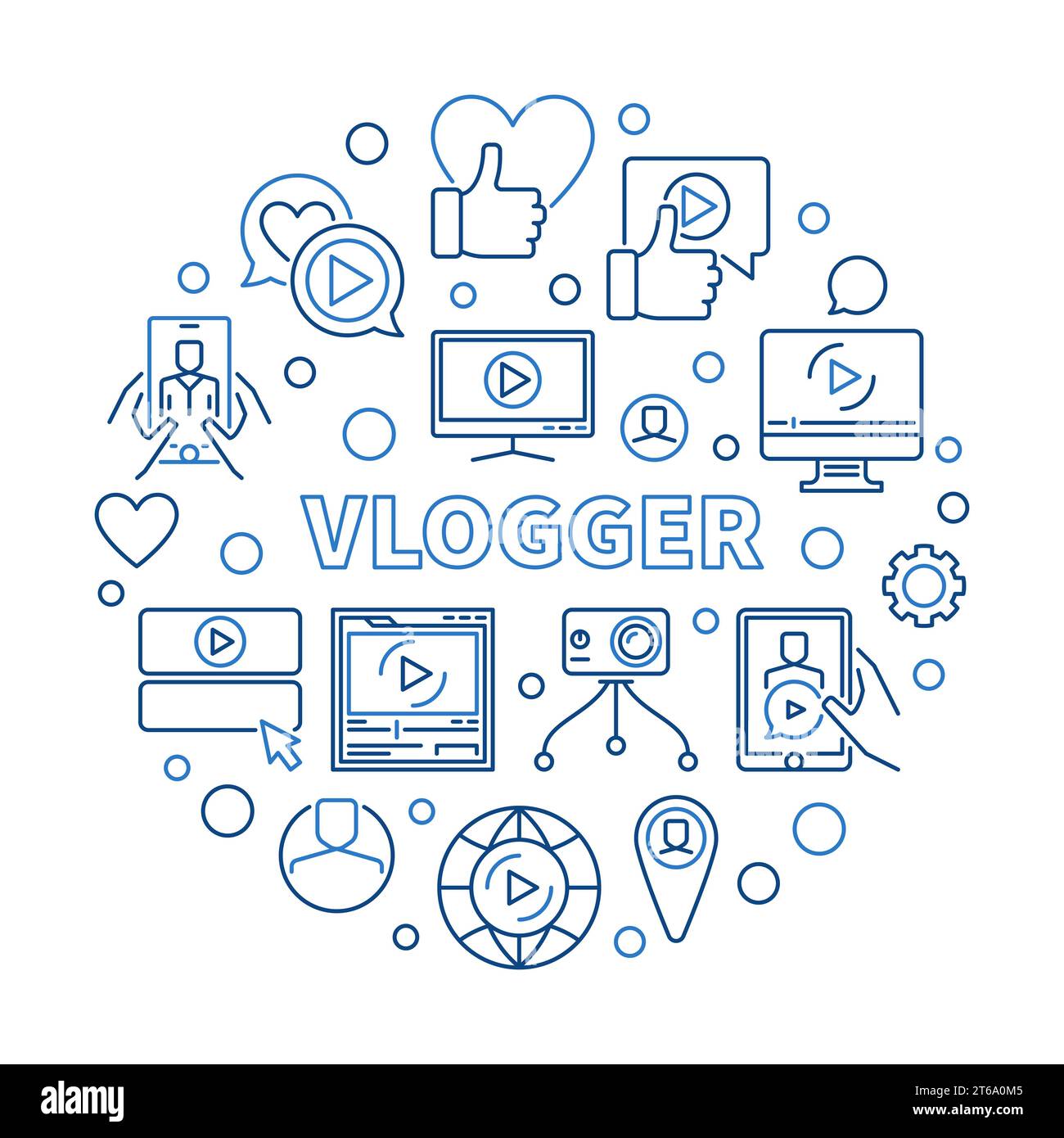 Vlogger vector round creative illustration or banner in thin line style Stock Vector