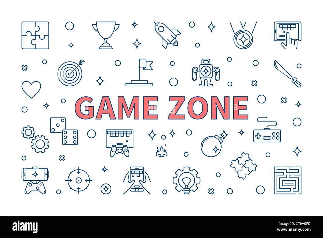 Game Zone vector concept horizontal illustration in thin line style Stock Vector