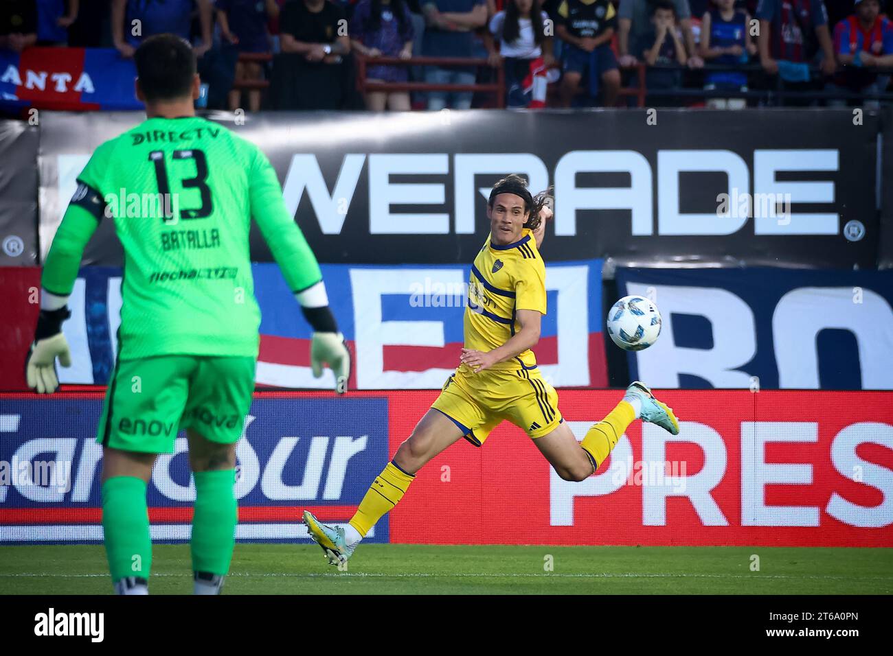 Edison Cavani of Boca Juniors (C) seen in action during the match between San Lorenzo de Almagro and Boja Juniors as part of Copa de la Liga - Fecha 12- Zona B at Estadio Pedro Bidegain. Final Score: San Lorenzo 1 : 1 Boca Juniors. Stock Photo