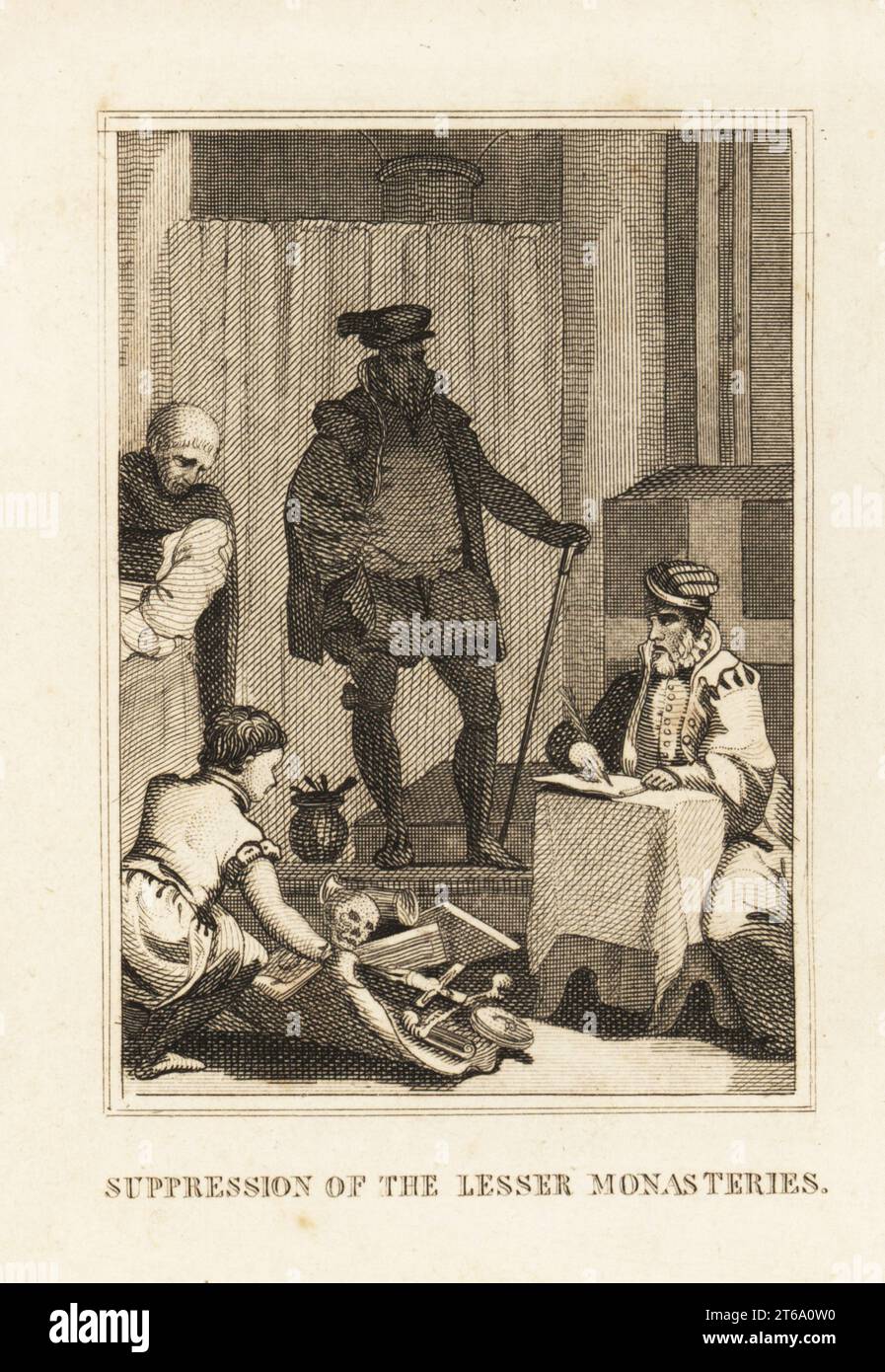King Henry VIII overseeing the dissolution of the Catholic monasteries, 1536-41. A boy steals relics, gold, crucifix, and other booty in front of a clerk and a monk. Suppression of the lesser monasteries. Copperplate engraving from M. A. Jones History of England from Julius Caesar to George IV, G. Virtue, 26 Ivy Lane, London, 1836. Stock Photo