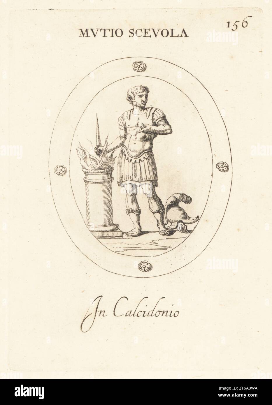 Roman youth Gaius Mucius Scaevola putting his hand in the flame before Etruscan king Lars Porsena, 500BC. Soldier in breastplate, leather armour skirts, with his right hand in an altar flame. Helmet on ground. In chalcedony. Mutio Scevola. In calcidonio. Copperplate engraving by Giovanni Battista Galestruzzi after Leonardo Agostini from Gemmae et Sculpturae Antiquae Depicti ab Leonardo Augustino Senesi, Abraham Blooteling, Amsterdam, 1685. Stock Photo