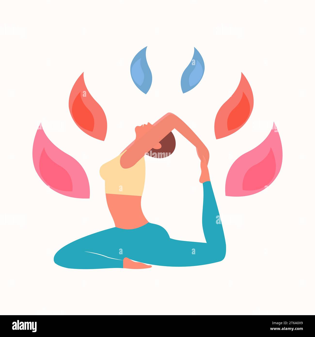 A girl in a dove pose practices yoga. Beautiful multicolored vector flat illustration Stock Vector