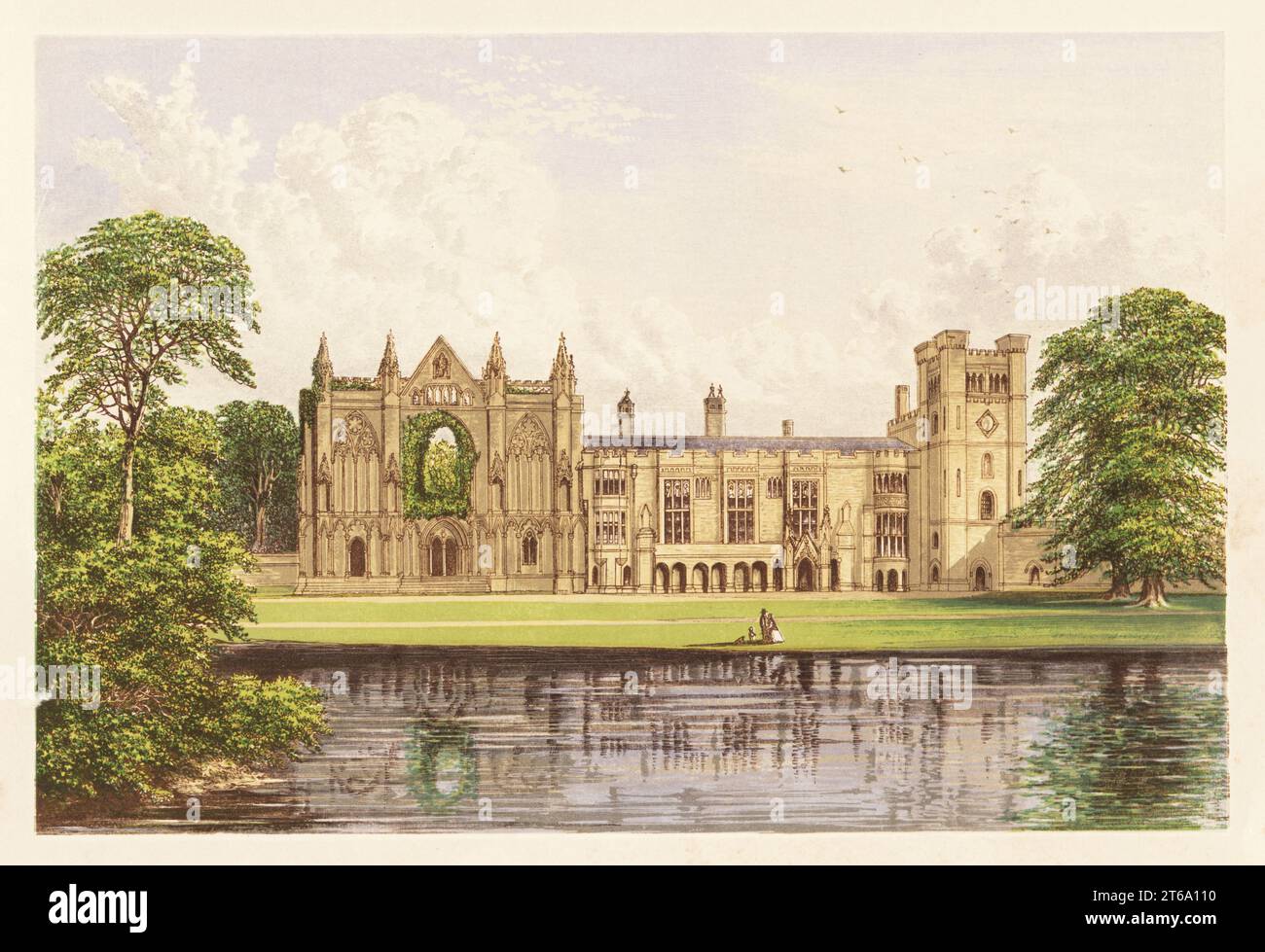 Newstead Abbey, Nottinghamshire, England. Medieval Augustinian priory granted to Sir John Byron by King Henry VIII at the Dissolution of the Monasteries. Formerly the home of poet George Gordon Byron, 6th Baron Byron. Bought in 1818 by Thomas Wildman, owner of 241 enslaved persons in Jamaica. Colour woodblock by Benjamin Fawcett in the Baxter process of an illustration by Alexander Francis Lydon from Reverend Francis Orpen Morriss Picturesque Views of the Seats of Noblemen and Gentlemen of Great Britain and Ireland, William Mackenzie, London, 1880. Stock Photo