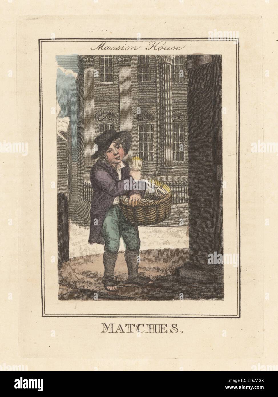 Boy selling matches in front of Mansion House. Matchseller in hat, coat, breeches and toe-less shoes with basket of matches. The Palladian-style Mantion House was designed by George Dance as the Lord Mayor's residence. Handcoloured copperplate engraving by Edward Edwards after an illustration by William Marshall Craig from Description of the Plates Representing the Itinerant Traders of London, Richard Phillips, No. 71 St Pauls Churchyard, London, 1805. Stock Photo