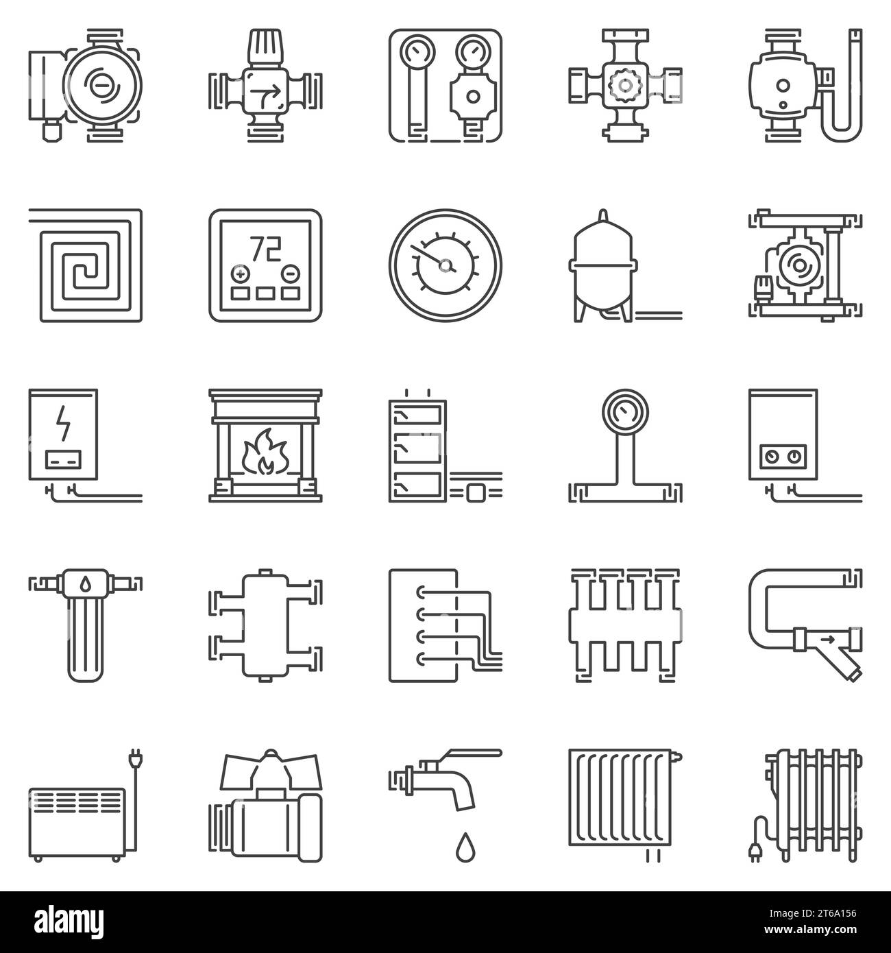 Heating and boiler room outline icons set. Vector collection of pumps and heaters linear signs Stock Vector