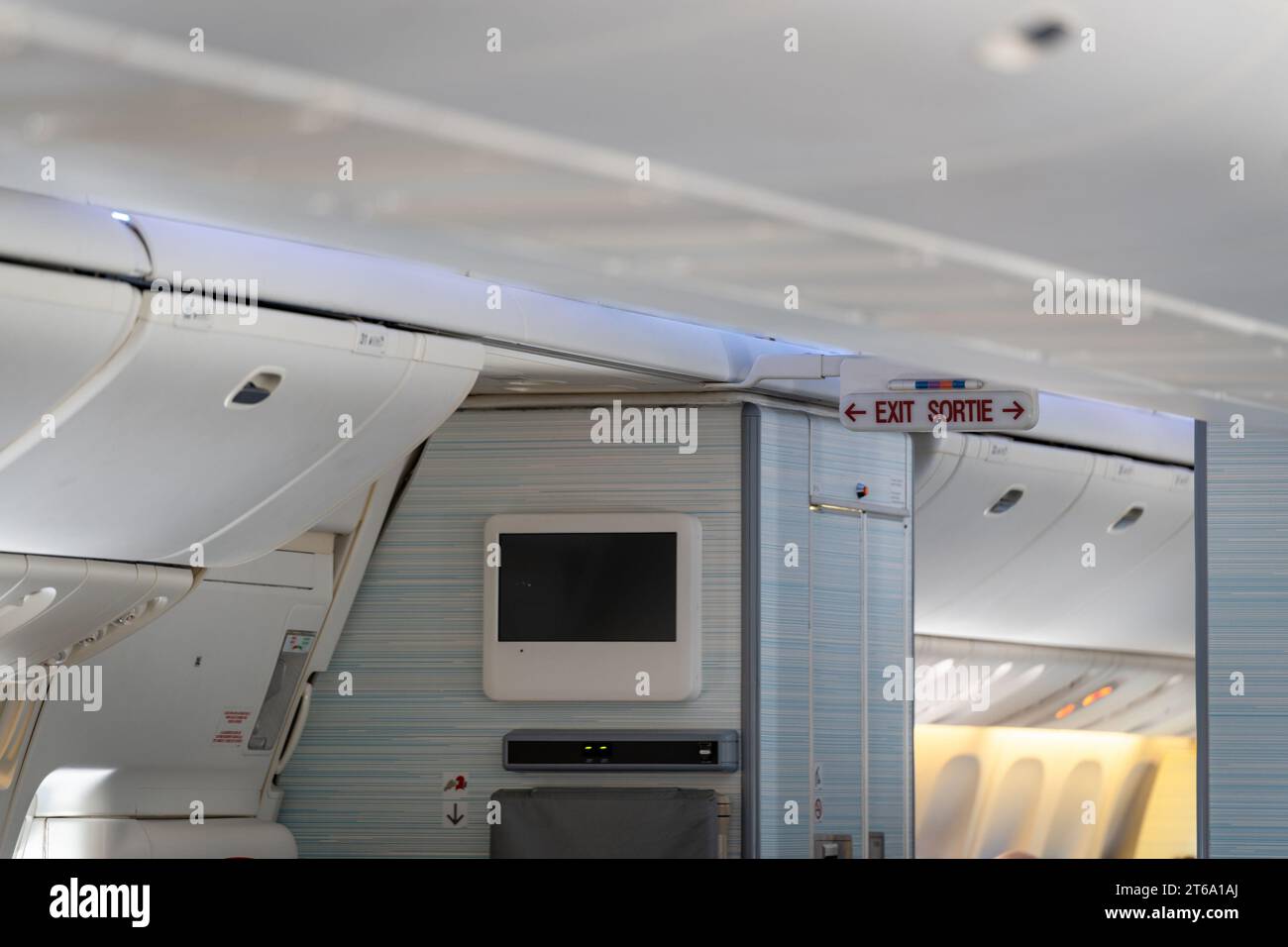 Exit sign lightbox in passenger airplane, escape way of life. way to