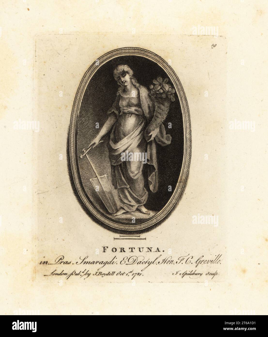 Figure of Fortuna, the goddess of fortune and the personification of luck in Roman religion. With cornucopia and gubernaculum or ship's rudder. On emerald and dactylotheca. From the collection of the antiquarian Charles Francis Greville. Mezzotint copperplate engraving by John Spilsbury from his Collection of Fifty Prints from Antique Gems, John Boydell, London, 1785. Stock Photo