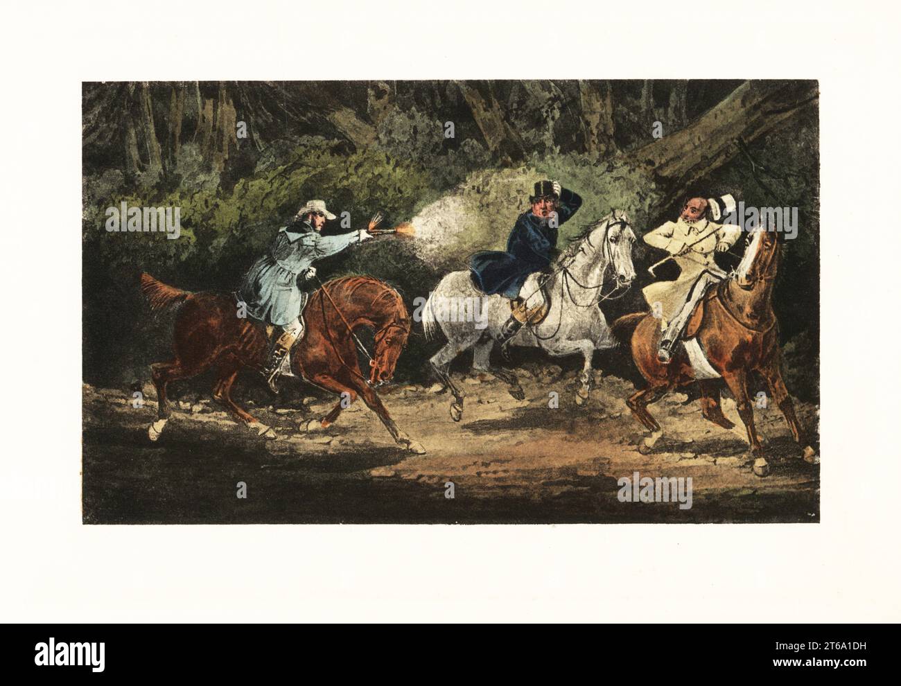 Victorian gentlemen held up by a highwayman in a smock coat.. Mytton fires blanks from a pistol at his guests on a road at night for a prank. Stand and deliver! Chromolithographic facsimile of an illustration by Henry Thomas Alken from Memoirs of the Life of the Late John Mytton by Nimrod aka Charles James Apperley, Kegan Paul, London, 1900. Stock Photo