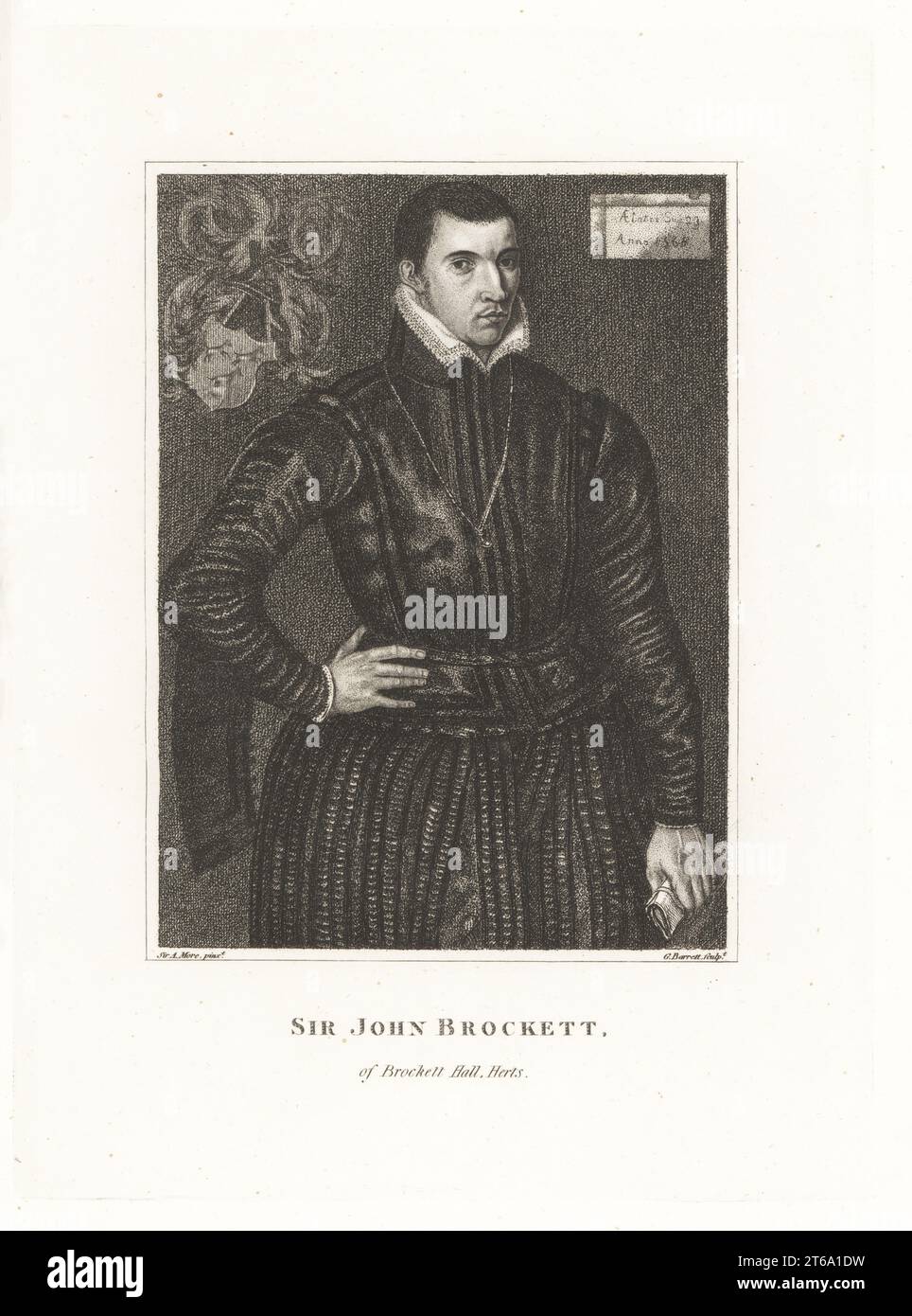 Sir John Brocket, 1540-1598, English noble, captain of Queen Elizabeth I's personal guard. Sir John Brockett, Brockett Hall, Herts. In lace collar, quilted doublet and hose, coat of arms behind him. Copperplate engraving by G. Barrett after a painting by Sir Anthony More dated 1568 from Samuel Woodburns Gallery of Rare Portraits Consisting of Original Plates, George Jones, 102 St Martins Lane, London, 1816. Stock Photo