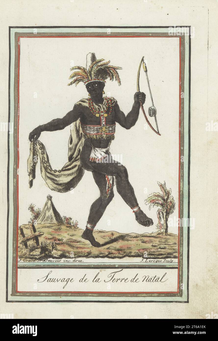 Zulu or Xhosa man of Natal, eastern South Africa. Dancing, wearing a feather headdress, long fringed cape, beaded chestplate and apron, holding a single-string gourd bow, uhadi or ugubhu. Sauvage de la Terre de Natal. Handcoloured copperplate engraving by J. Laroque after a design by Jacques Grasset de Saint-Sauveur from his Encyclopedie des voyages, Encyclopedia of Voyages, Bordeaux, France, 1792. Stock Photo