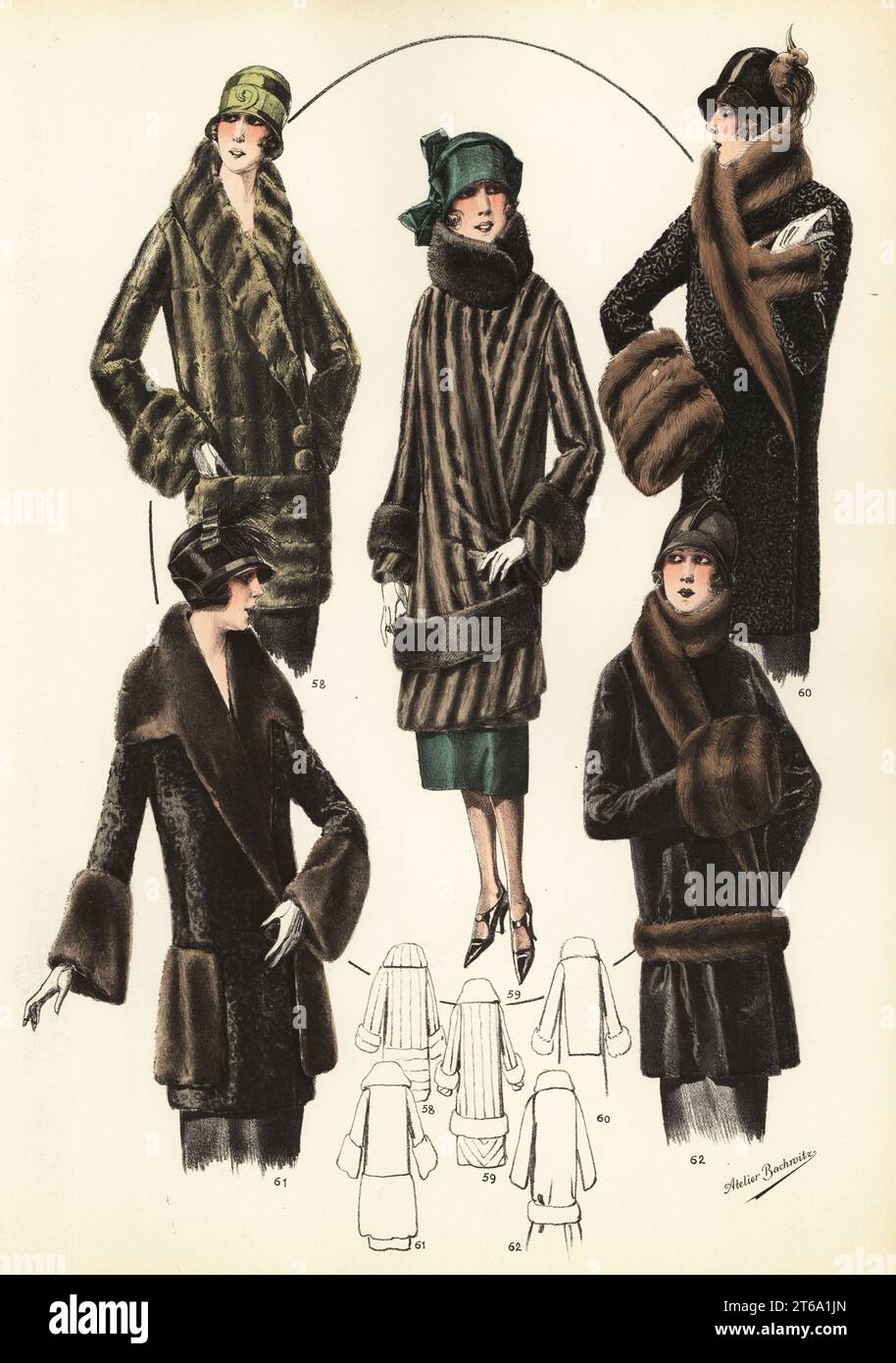 Fashionable women in cloche hats, short bob haircuts and luxury fur jackets. Knee-length coats of flying squirrel 58, chinhcilla 59, Persian lamb 60, karakul 61, and pony 62. Handcoloured lithograph from Modeles Originaux de Fourrures, Original Models in Fur, No. 17, Atelier Bachwitz, Vienna, 1926. Stock Photo