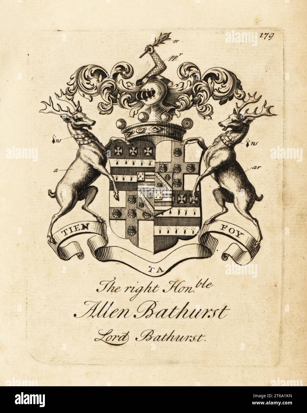 Coat of arms of the Right Honourable Allen Bathurst, Lord Bathurst, 1st Earl Bathurst, 1684-1775. Copperplate engraving by Andrew Johnston after C. Gardiner from Notitia Anglicana, Shewing the Achievements of all the English Nobility, Andrew Johnson, the Strand, London, 1724. Stock Photo