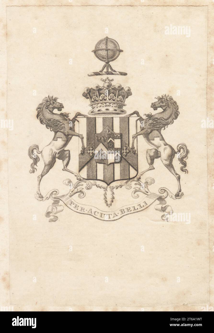 Copperplate engraved armorial bookplate of the Carpenter family, possibly John Carpenter, 4th Earl of Tyrconnell (1790-1854). Motto 'Per Acuta Belli,' Paly of six, argent and gules, on a chevron azure, three cross crosslets or. Crest, on a wreath a globe in a frame all or. Supporters, two horses, party-perfess, embattled argent and gules. Stock Photo