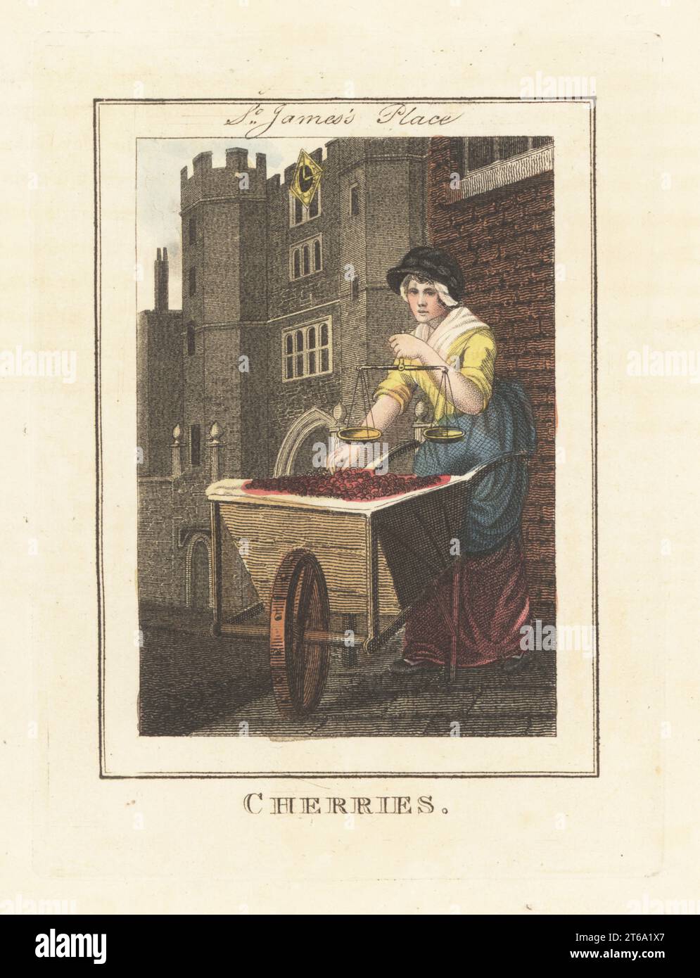 Cherry seller in front of St. James's Place. Woman in bonnet, fichu and dress holding scales above a wheelbarrow of cherries in June. Entrance to St. James's Palace on Pall Mall. Handcoloured copperplate engraving by Edward Edwards after an illustration by William Marshall Craig from Description of the Plates Representing the Itinerant Traders of London, Richard Phillips, No. 71 St Pauls Churchyard, London, 1805. Stock Photo