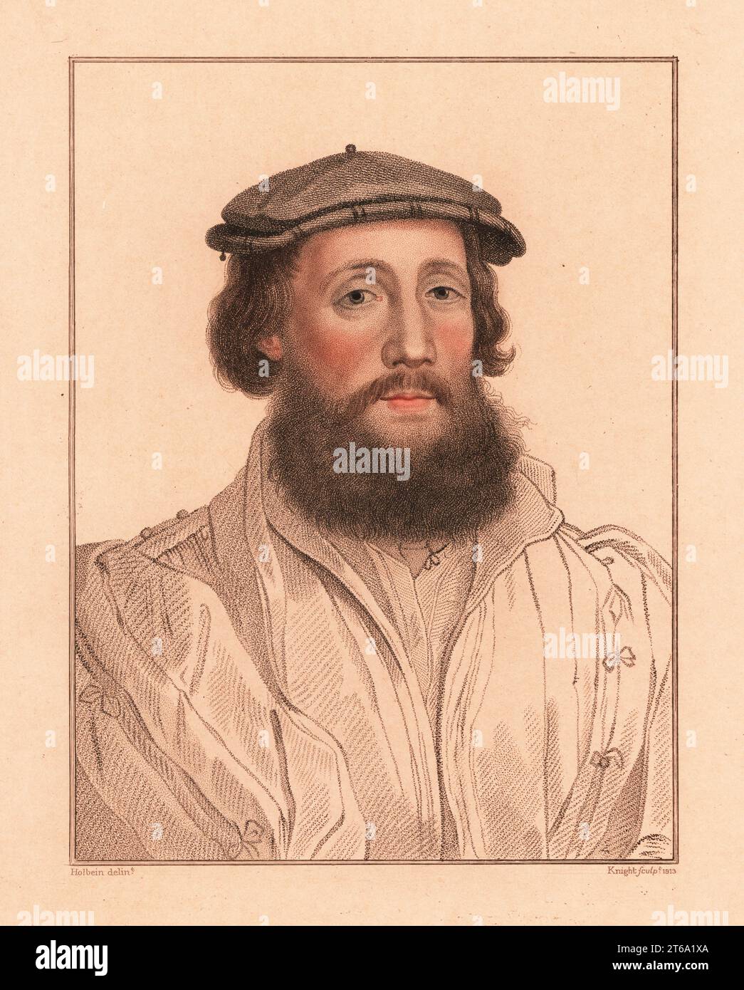 Portrait of an unknown man, court of King Henry VIII, c. 1532. Handcoloured copperplate stipple engraving by Charles Knight after a portrait by Hans Holbein the Younger from Imitations of Original Drawings by Hans Holbein, John Chamberlaine, London, 1812. Stock Photo