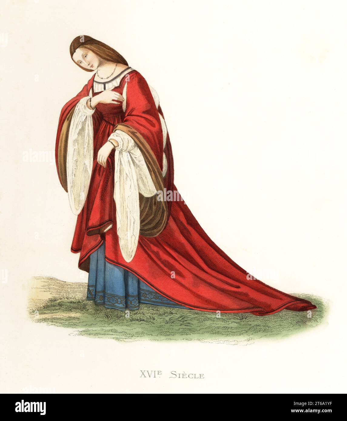 Isabella d'Este (1474-1539), Marchioness of Mantua, cultural and political figure of the Italian Renaissance. In long red robe with wide slashed fur-lined sleeves. Isabelle d'Este, Comtesse de Mantoue. After a painting by Lorenzo Costa. Handcolored lithograph after an illustration by Edmond Lechevallier-Chevignard from Georges Duplessis's Costumes historiques des XVIe, XVIIe et XVIIIe siecles (Historical costumes of the 16th, 17th and 18th centuries), Paris, 1867. Edmond Lechevallier-Chevignard was an artist, book illustrator, and interior designer. Stock Photo