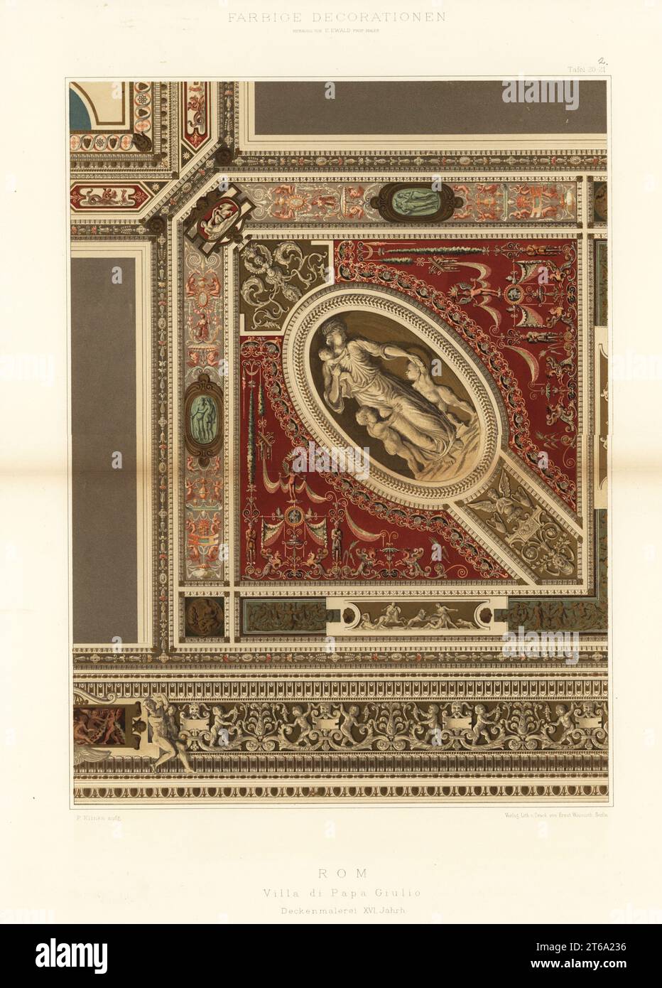 Painted ceiling in the Villa Giulia, Rome, 16th century. Deckenmalereri, Villa di Papa Giulio, Rom, XVI Jahrh. Chromolithograph by Paul Klinka from Ernst Ewalds Farbige decorationen, alter und never Zeit (Color decoration, ancient and new eras), Ernst Wasmuth, Berlin, 1896. Stock Photo