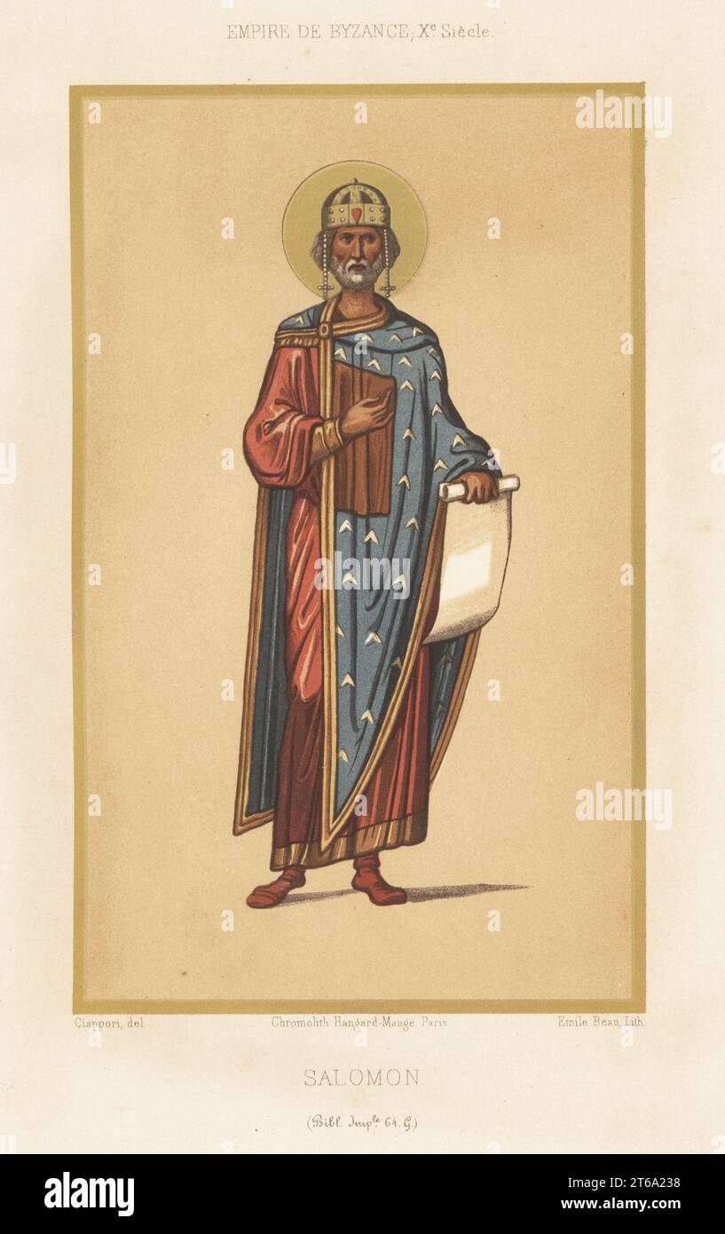 King Solomon in imperial costume of the Byzantine Empire, 10th century. Salomon, Empire de Byzance, Xe Siecle. Taken from a manuscript of the Gospels in a binding with the arms of King Henry IV, MS 64 G, Bibliotheque Imperiale. Chromolithograph by Emile Beau after an illustration by Claudius Joseph Ciappori from Charles Louandres Les Arts Somptuaires, The Sumptuary Arts, Hangard-Mauge, Paris, 1858. Stock Photo