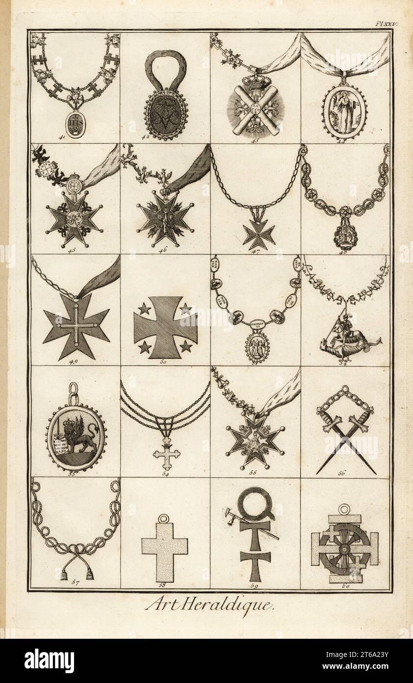 Sash badges of orders of chivalry. Cherubims et Seraphims 41, Amaranthe 42, St Andre 43, St Catherine 44, Aigle Noir 45, Aigle Blanc 46, St Etienne 47, Annonciade 48, St Maurice et St Lazare 49, Notre Dame de Gloire 50, Precieux Sang 51, St Georges 52, St Marie 53, St Georges a Genes 54, St Janvier 55, Livonie 56, Condeliene 57, St Blaise 58, St Antoine 59, St Catherine 60. Copperplate engraving by Robert Benard from Blason ou Art Heraldique, the heraldry section from Denis Diderot and Jean-Baptiste le Rond dAlemberts Encyclopedie, published by Brisson, David, Le Breton and Durand, Paris, 1763 Stock Photo