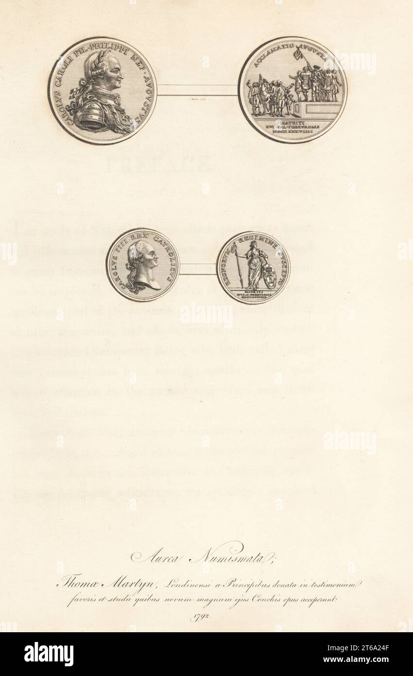 Gold medallions of King Charles IV of Spain by P. Sepulveda. Carolus Caroli Fil. Philippi Nep. Augustus, and Carolus III Rex Catholicus. Aurea Numismata. Copperplate engraving by Barlow from Thomas Martyns The English Entomologist, Exhibiting all the Coleopterous Insects found in England, Academy for Illustrating and Painting Natural History, London, 1792. Stock Photo