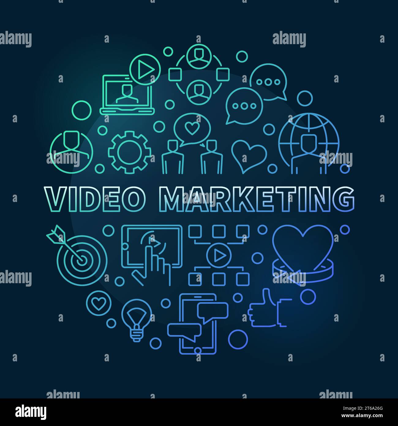 Video Marketing vector round colorful linear illustration on dark background Stock Vector